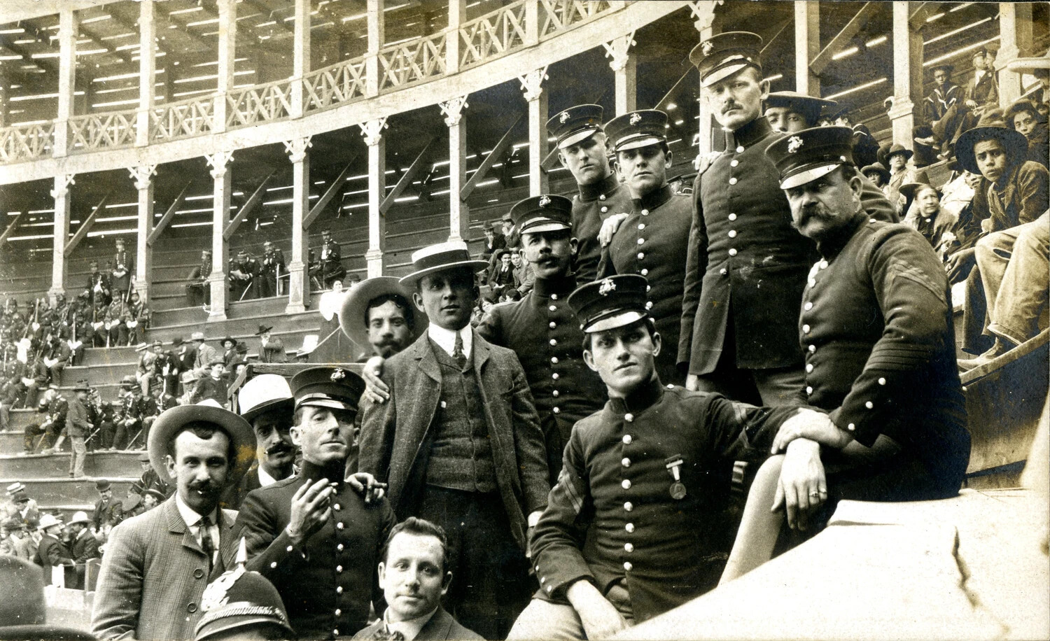 Close Group Portrait: 'Mr. Howard' and U.S. Marines in the Grandstand at a Mexican Bullring, c. 1898-1910