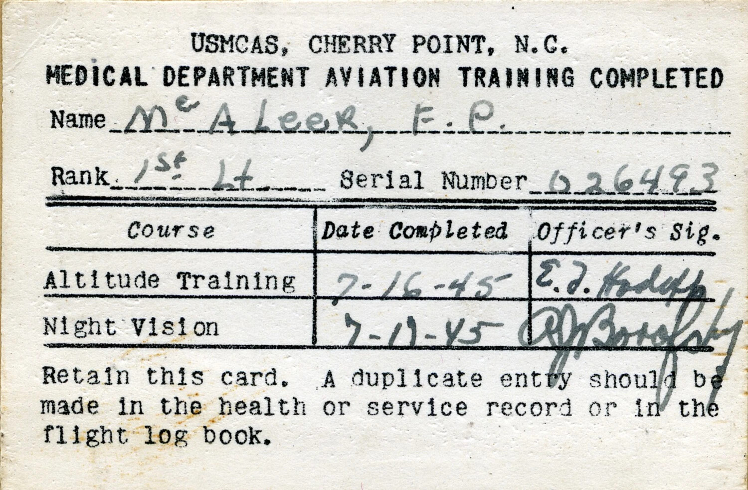 USMCAS Cherry Point Medical Department Aviation Training Card, 1st Lt. F.P. McAleer, 1945