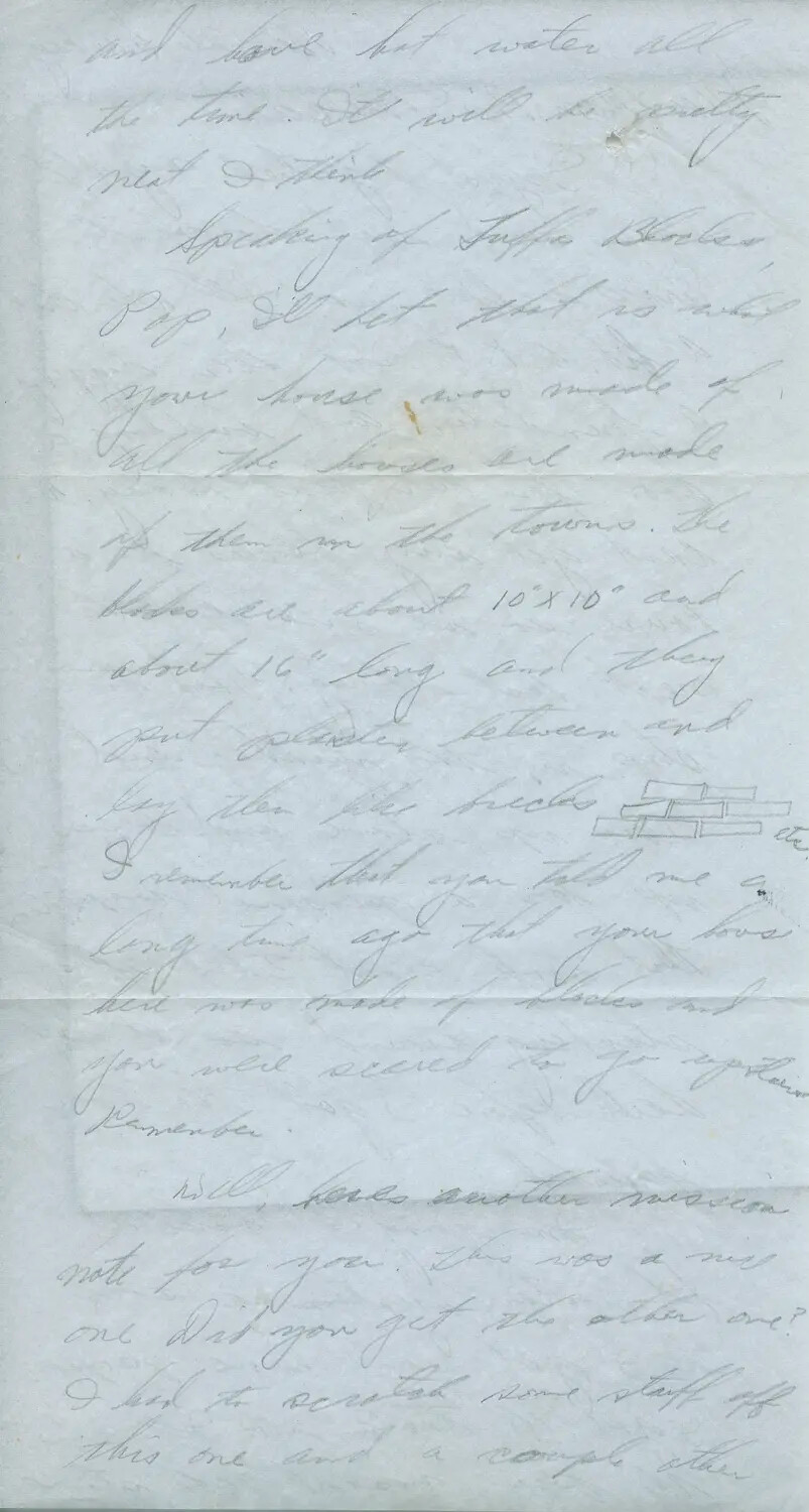 Handwritten Wartime Letter Discussing Tuffa Block Construction and 'Mission Notes,' WWII B-24 Crewman Correspondence, circa 1944