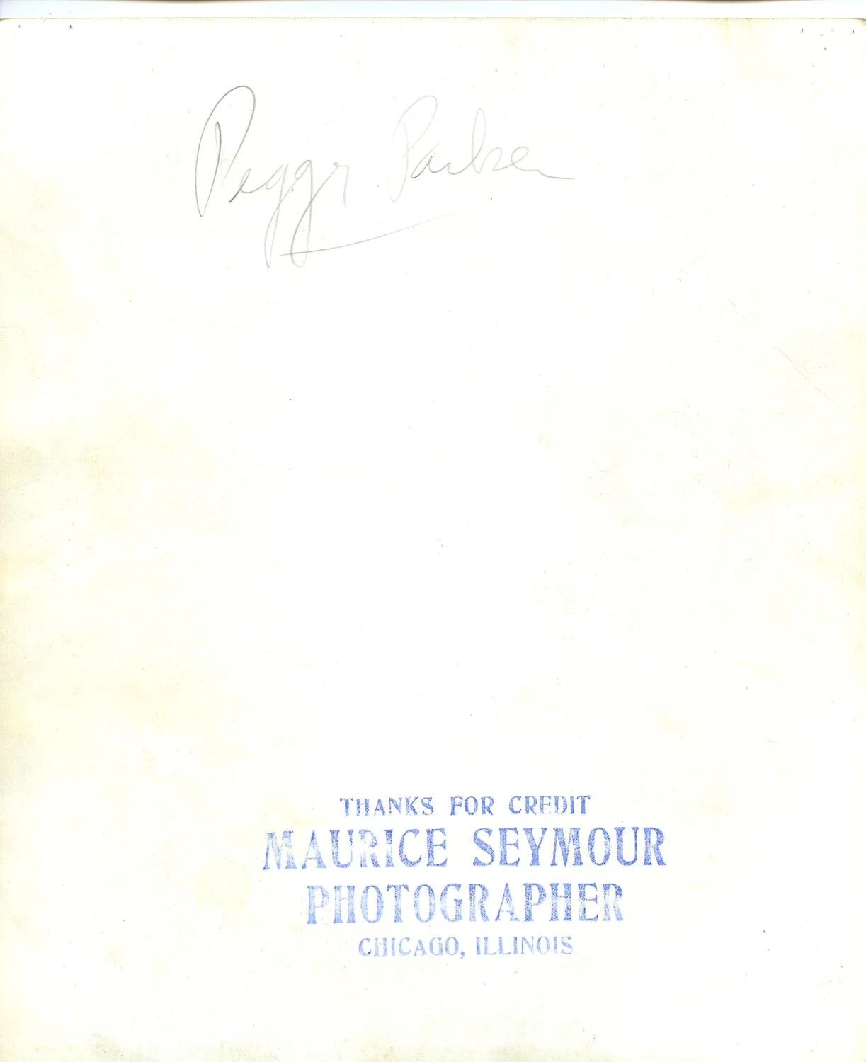 Verso of Studio Photograph with Autograph Inscription and Maurice Seymour Photographer's Credit Stamp, Chicago, c. 1940s