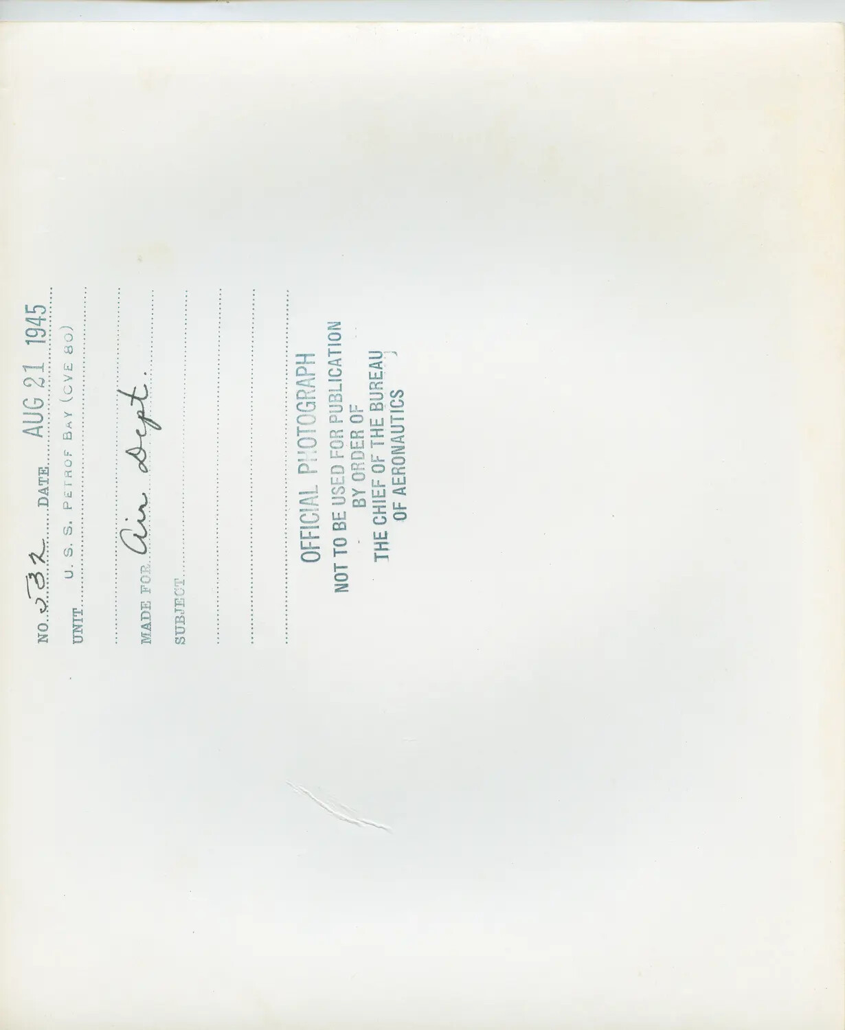 U.S. Navy Bureau of Aeronautics Photograph Caption Sheet, USS Petrof Bay (CVE-80), 21 August 1945