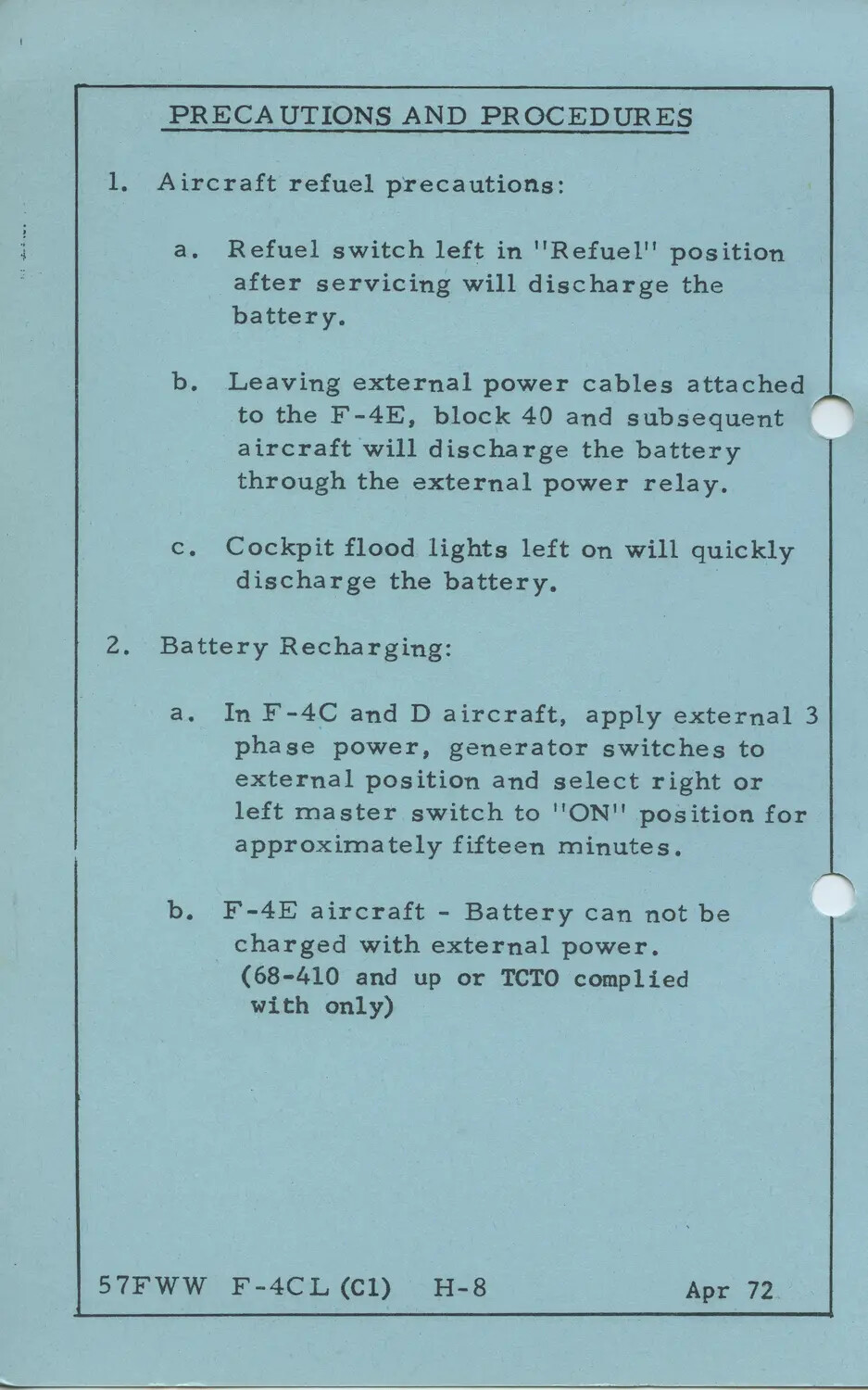 F-4 Phantom II Checklist Card: 'Precautions and Procedures' — 57th Fighter Weapons Wing, April 1972
