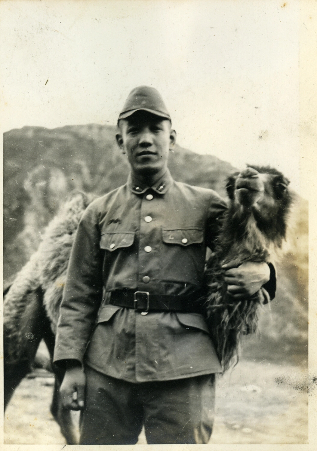 Imperial Japanese Army Soldier Posing with a Bactrian Camel, North China/Mongolia Theater