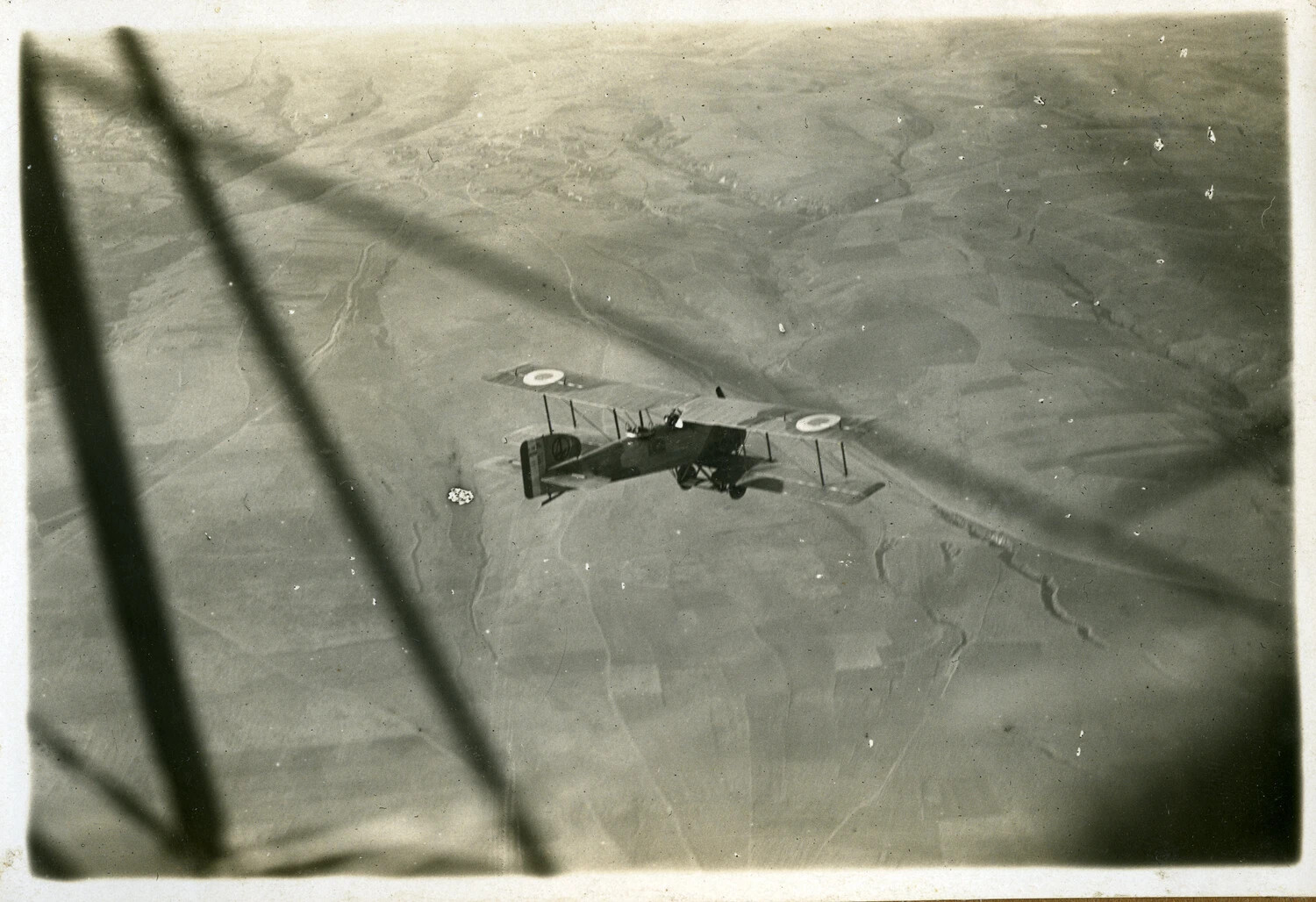Air-to-Air Photograph of French Biplane with National Roundels, World War I