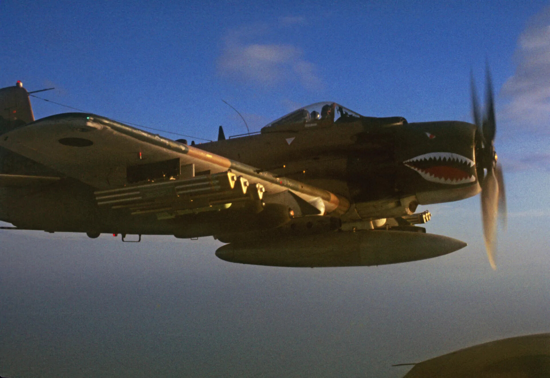 Douglas A-1 Skyraider in Flight with Shark-Mouth Nose Art, Air-to-Air View, Vietnam War Era