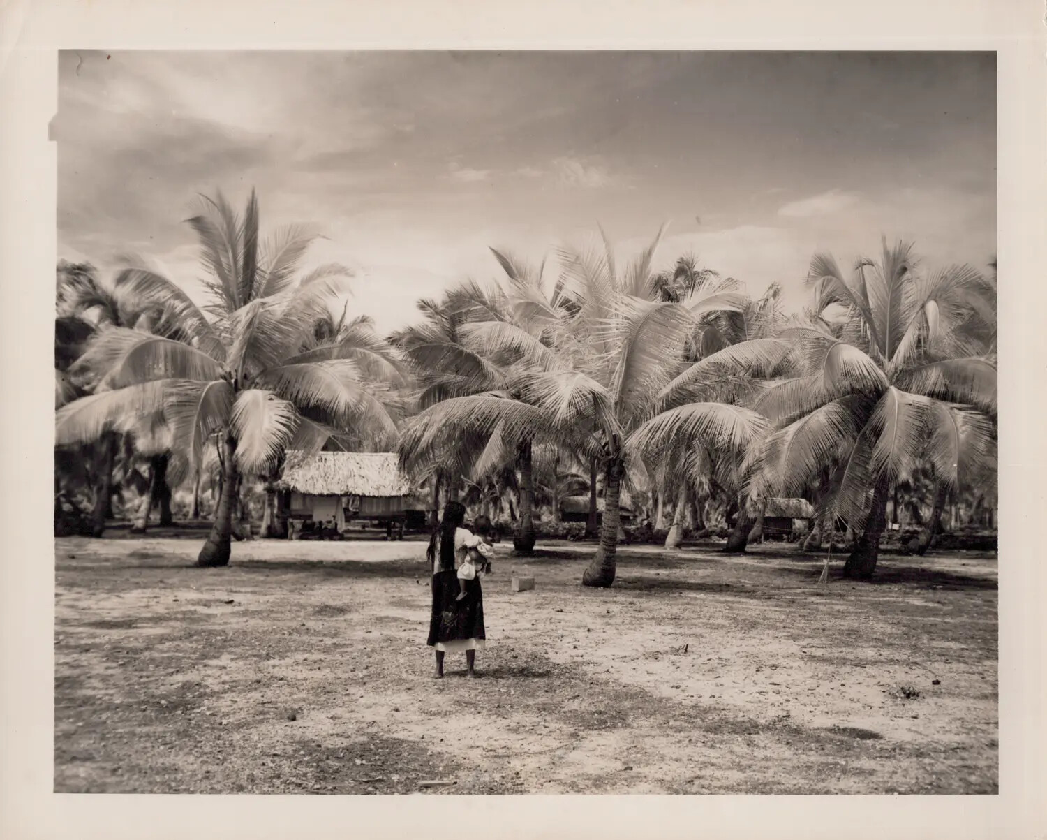 Village Scene with Woman and Child Under Coconut Palms, Pacific Island, World War II-Era Photograph