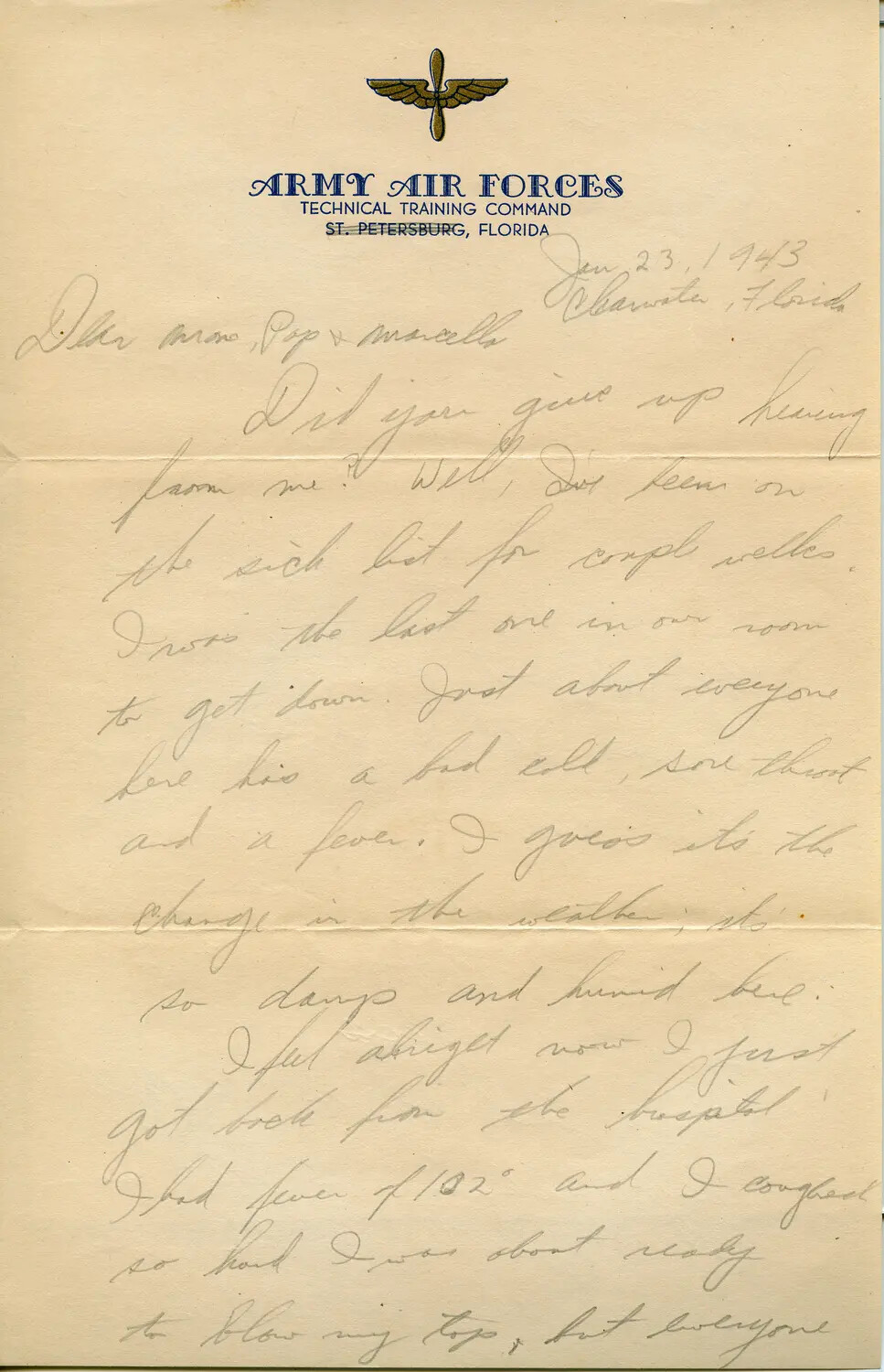 Handwritten Letter from an Army Air Forces Trainee to His Family, Clearwater, Florida, January 23, 1943