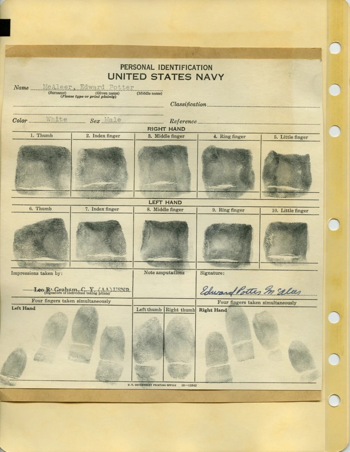 U.S. Navy Personal Identification Fingerprint Card - Edward Potter McAleer