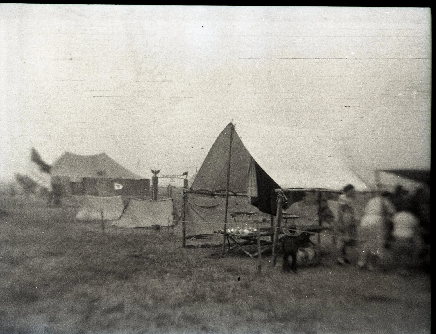 Camp Entrance Gate and Pole Tent with Cot, State-Side Youth Encampment, WWII Era
