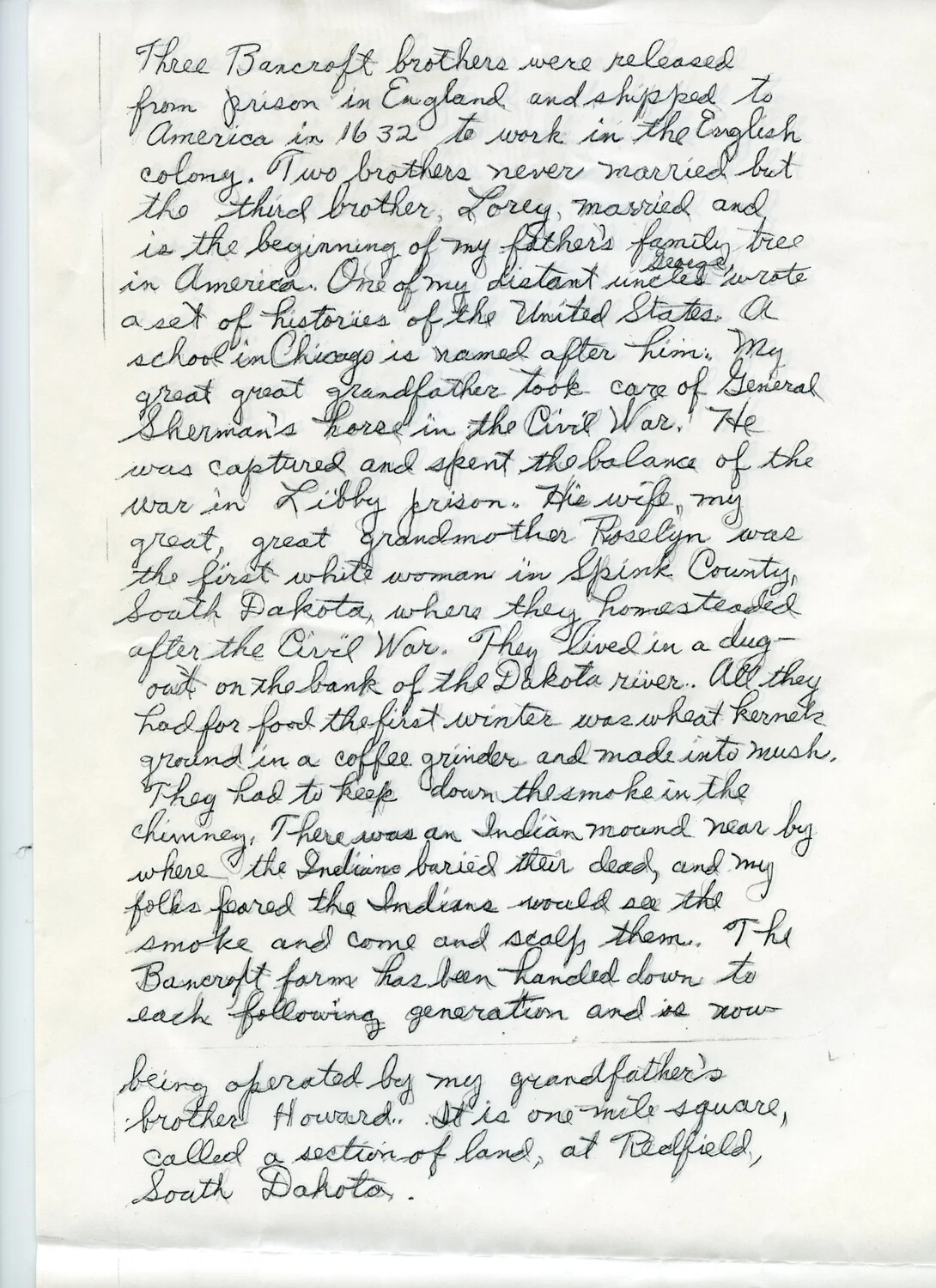 Handwritten Bancroft Family History Manuscript