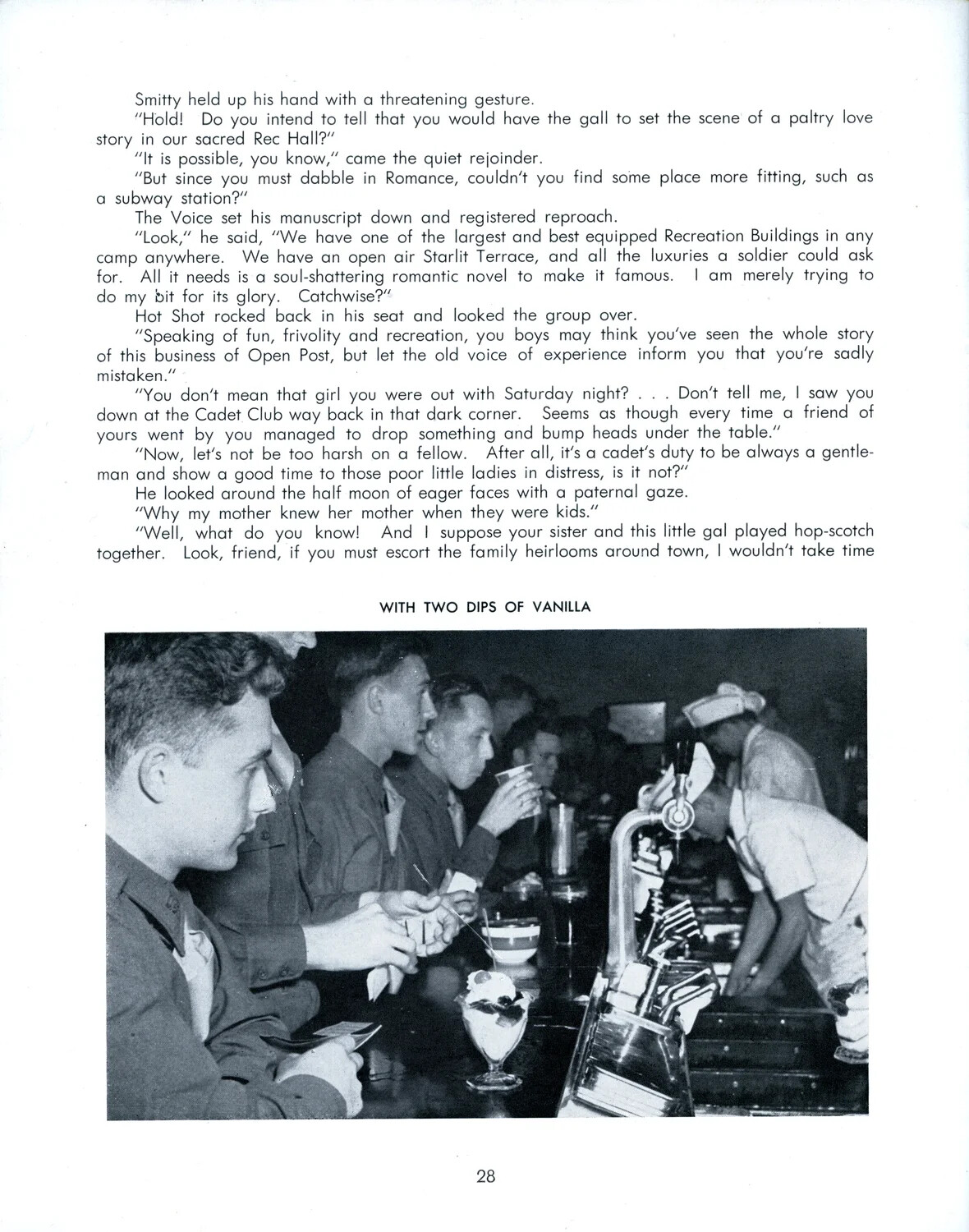 'With Two Dips of Vanilla' - Cadets at the Soda Fountain, Grand Piano Chapter Continuation, AAF Pre-Flight Training Booklet, Page 28