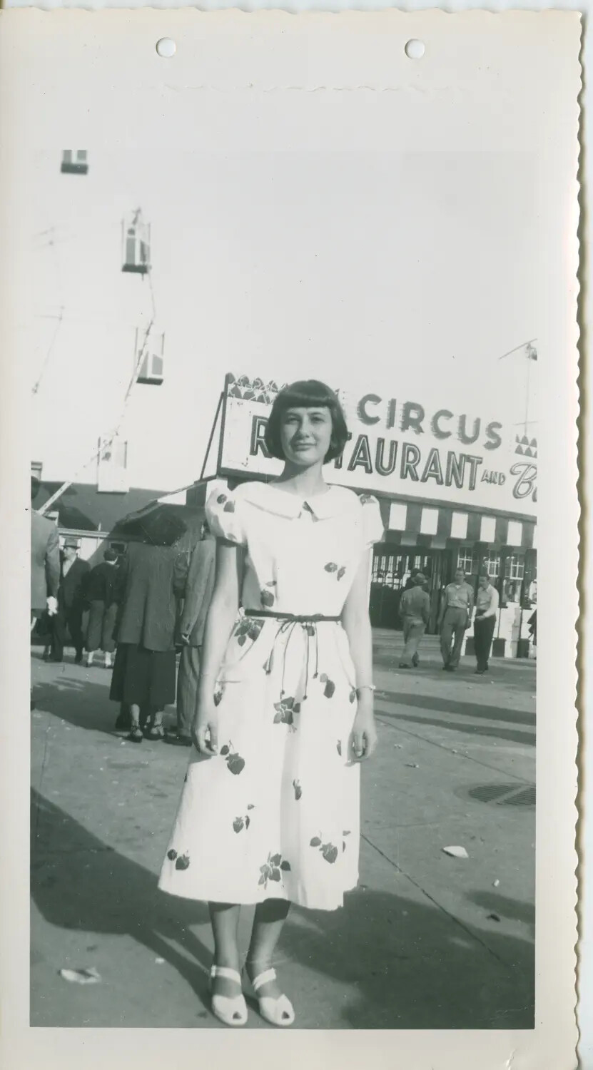 Young Woman at Coney Island Boardwalk, Circus Restaurant, c. 1951