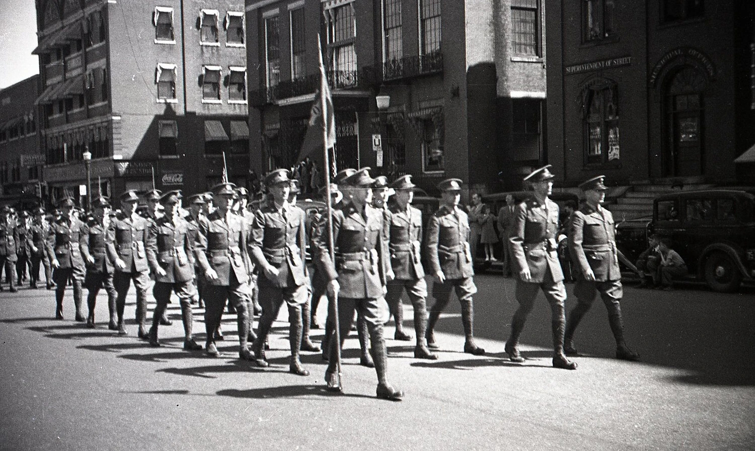 Ceremonial Marching Company Passing Municipal Offices Building, Boston Parade, c. 1940s