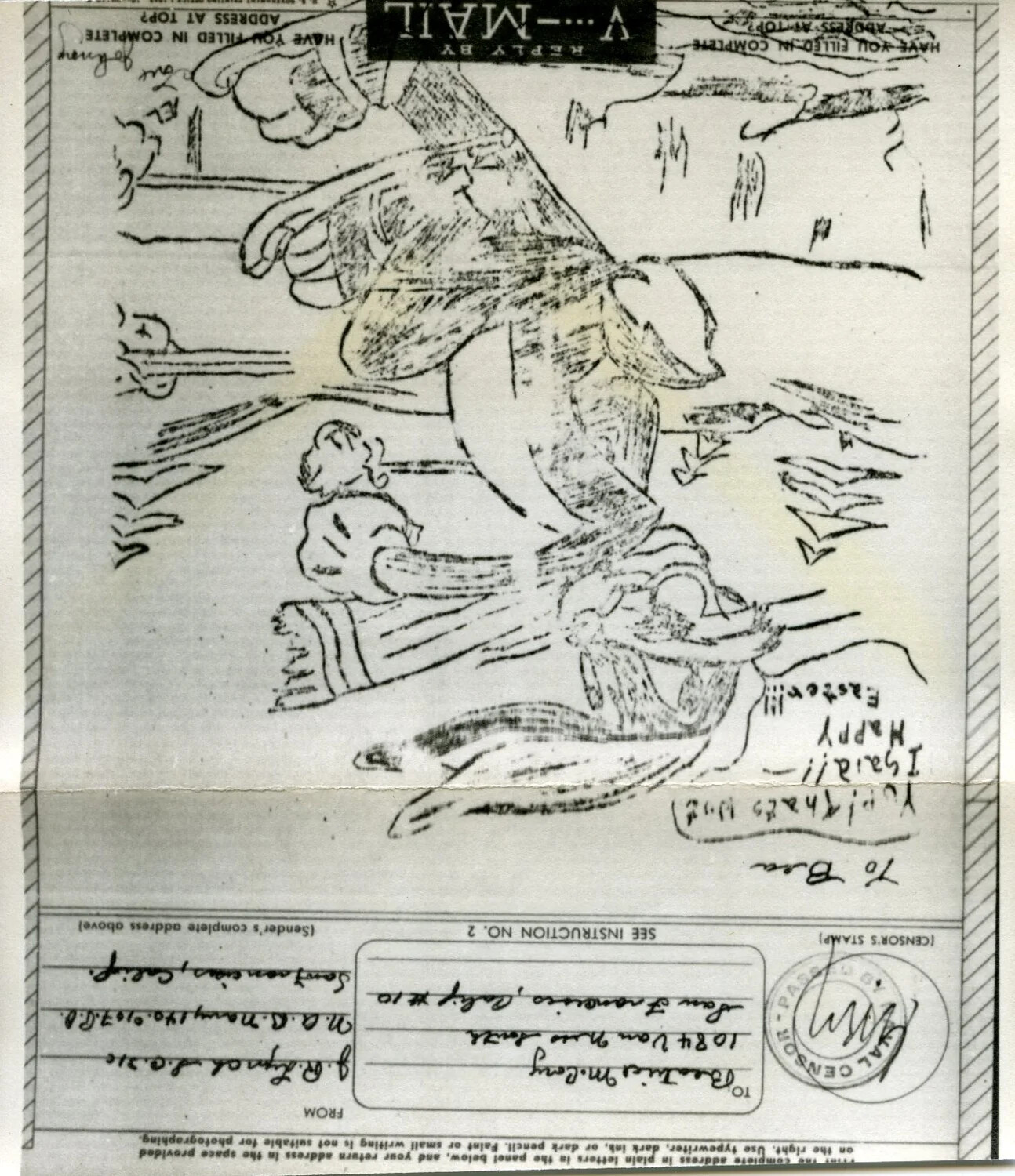 V-Mail Easter Greeting Cartoon (Scan Presented Upside-Down), U.S. Navy Correspondence, Early-to-Mid 1940s