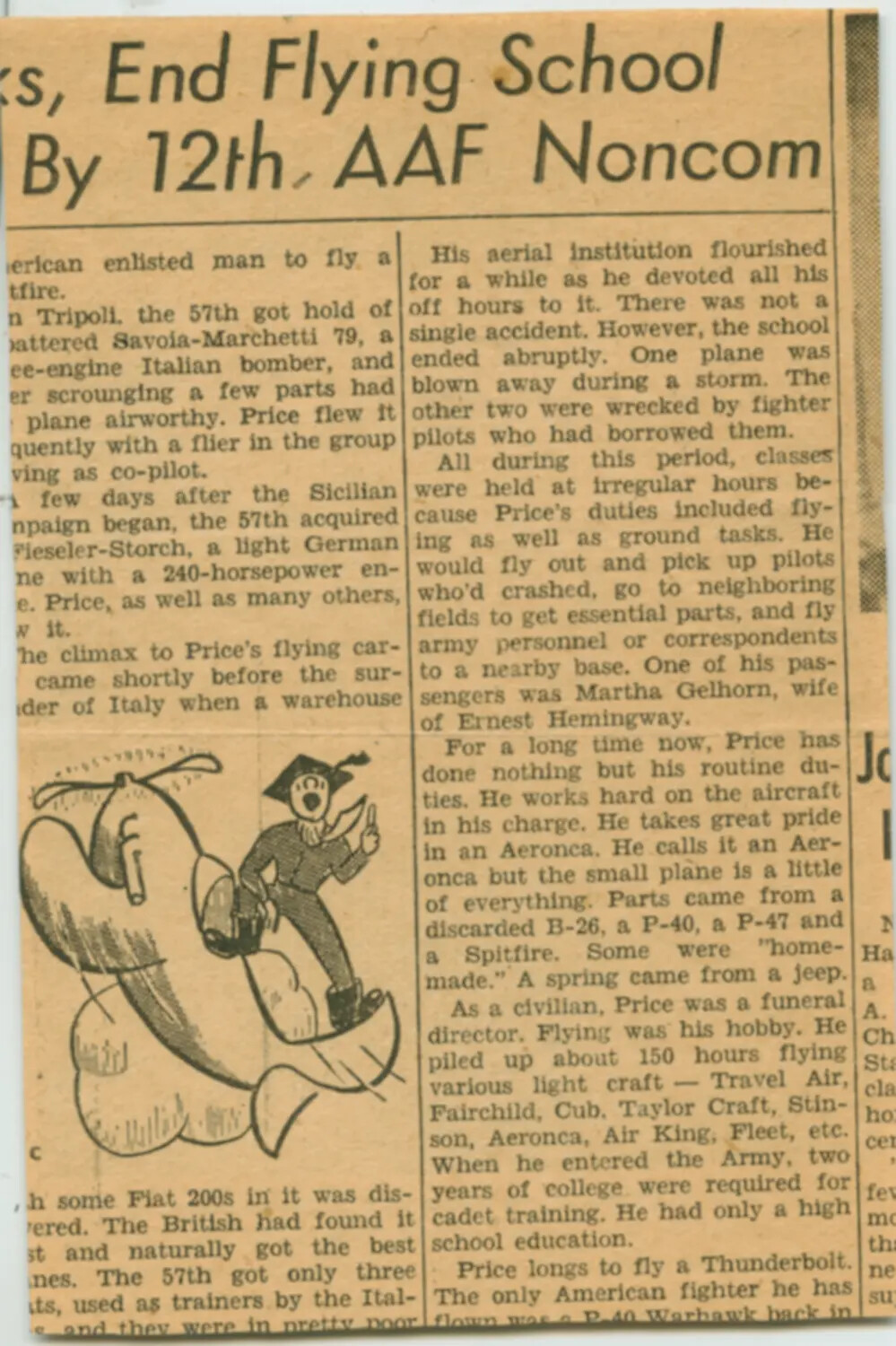 Newspaper Clipping: '...End Flying School By 12th AAF Noncom' — Feature on Sgt. Price's Wartime Flying Exploits