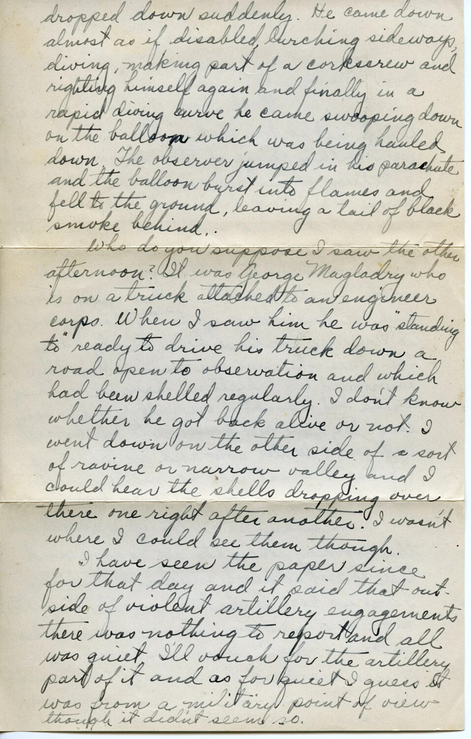 WWI Letter from Pvt. Willis W. Wagener to His Son — Letter 12, Page C: Observation Balloon Attack and Artillery Under Fire
