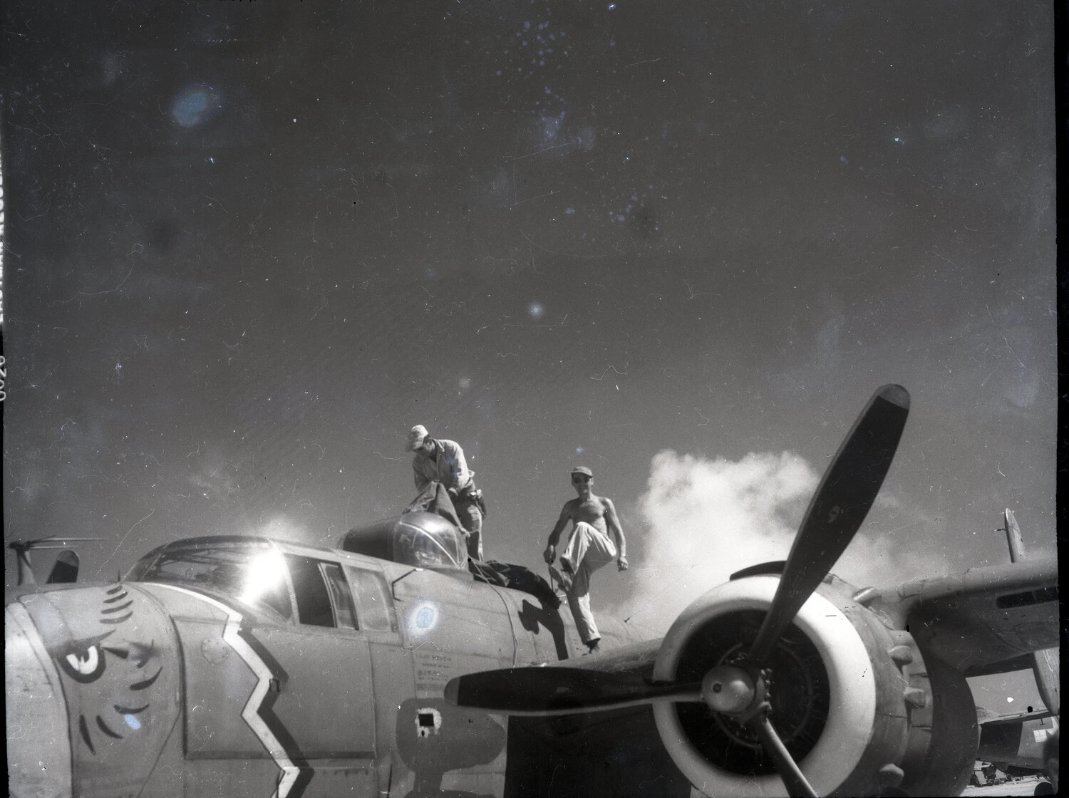 Ground Crew Atop B-25 Mitchell Bomber with Nose Art, 345th Bomb Group, Pacific Theater, World War II