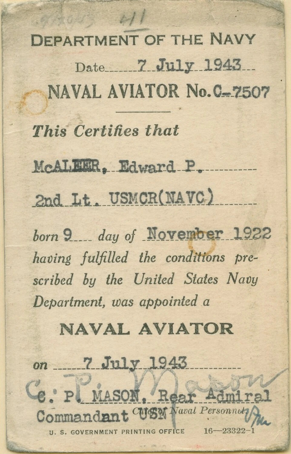 Naval Aviator Certificate of 2nd Lt. Edward P. McAleer, USMCR, 7 July 1943