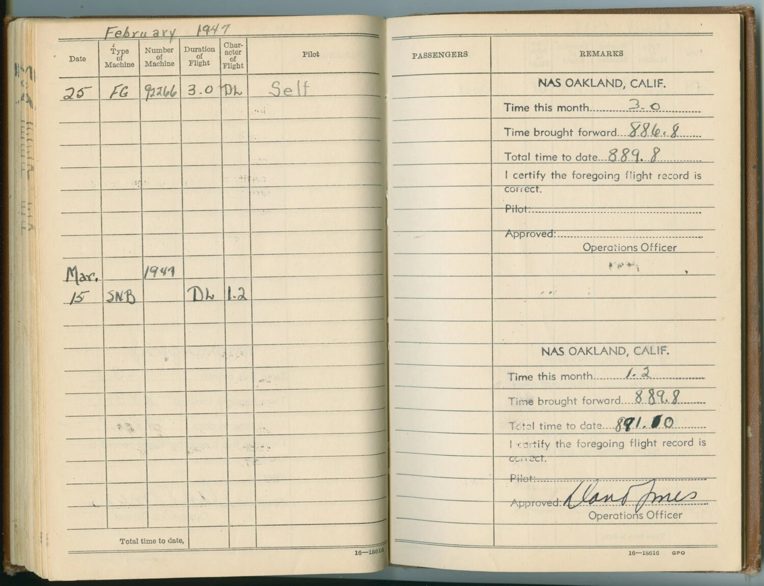 U.S. Navy Aviator's Flight Logbook, February-March 1947 - FG Corsair and SNB Trainer Flights, NAS Oakland