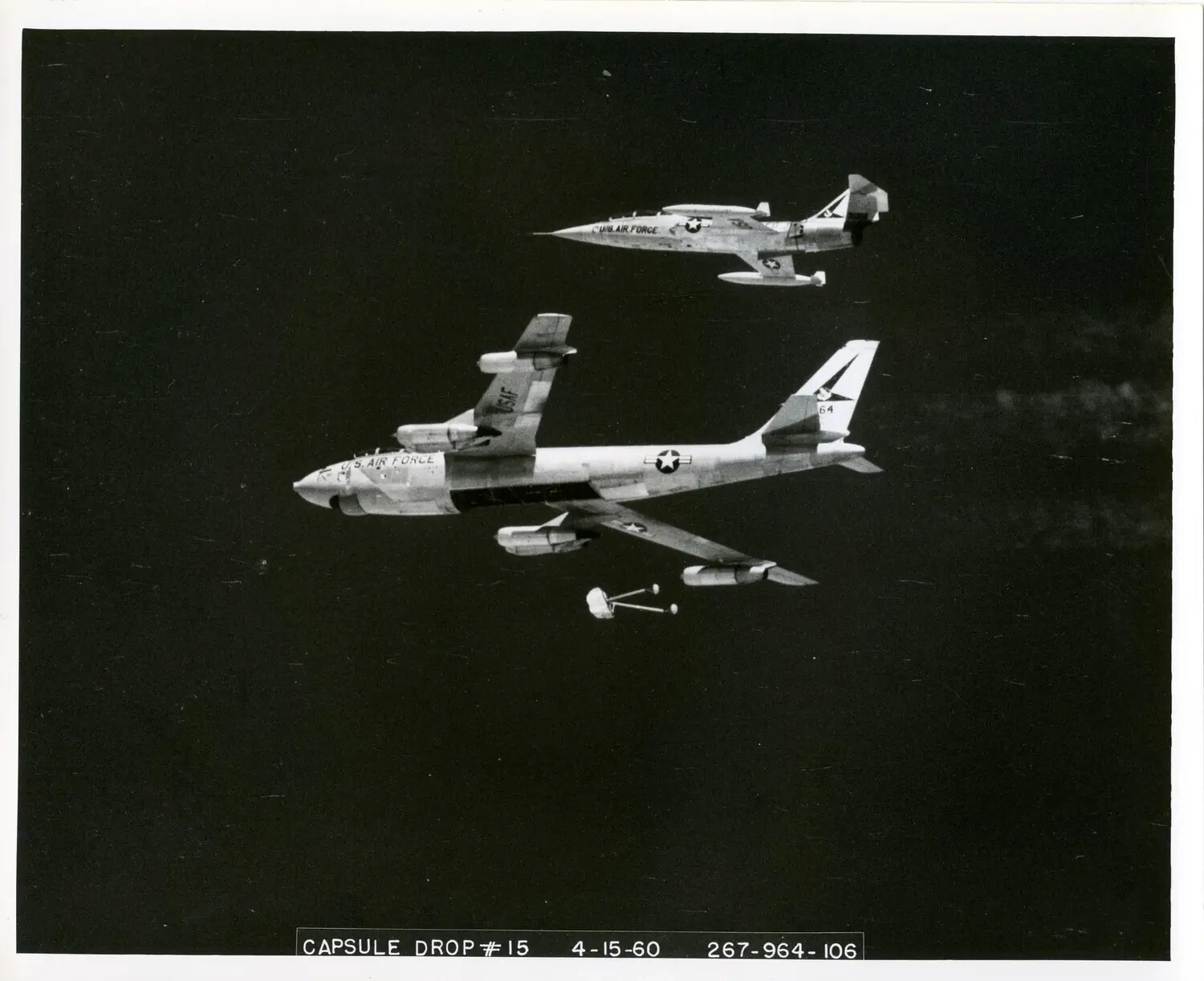 Boeing B-47 Stratojet Capsule Drop Test No. 15 with F-104 Starfighter Chase Plane, April 15, 1960