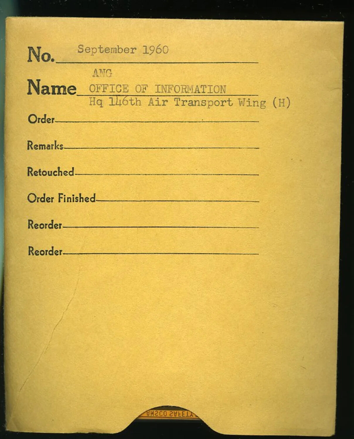 Photo Lab Order Envelope – ANG Office of Information, Hq 146th Air Transport Wing (H), September 1960