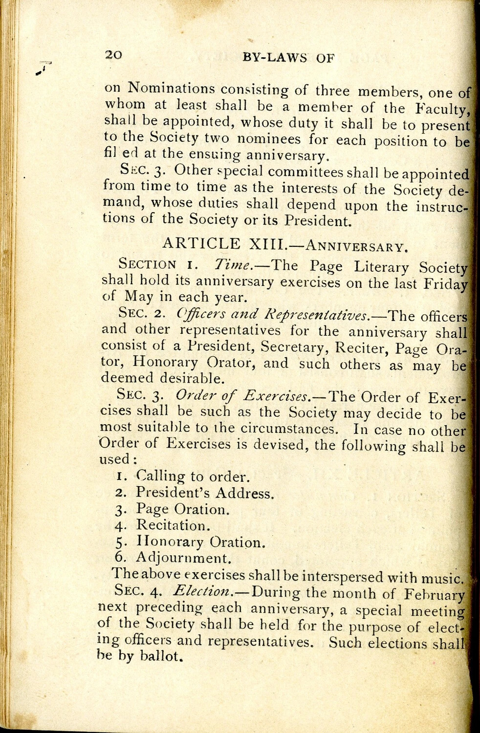 Page Literary Society By-Laws, Page 20 — Article XIII, Anniversary Exercises