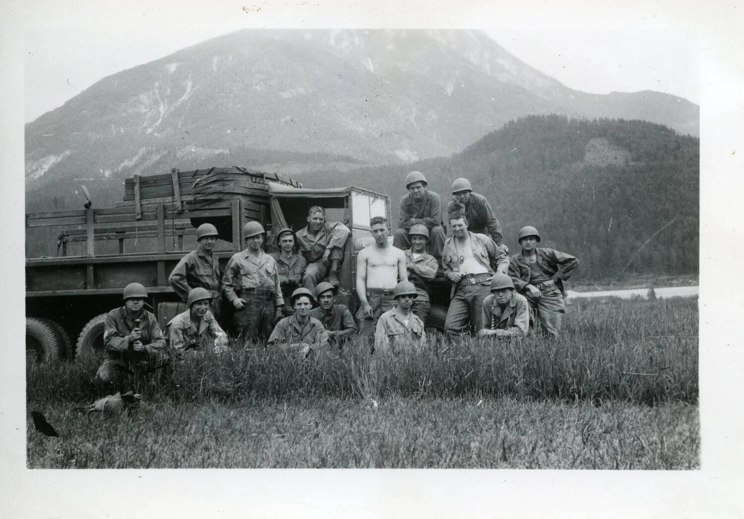 44th Infantry Division Soldiers with Cargo Truck, Alpine Backdrop, Norman Baget Collection
