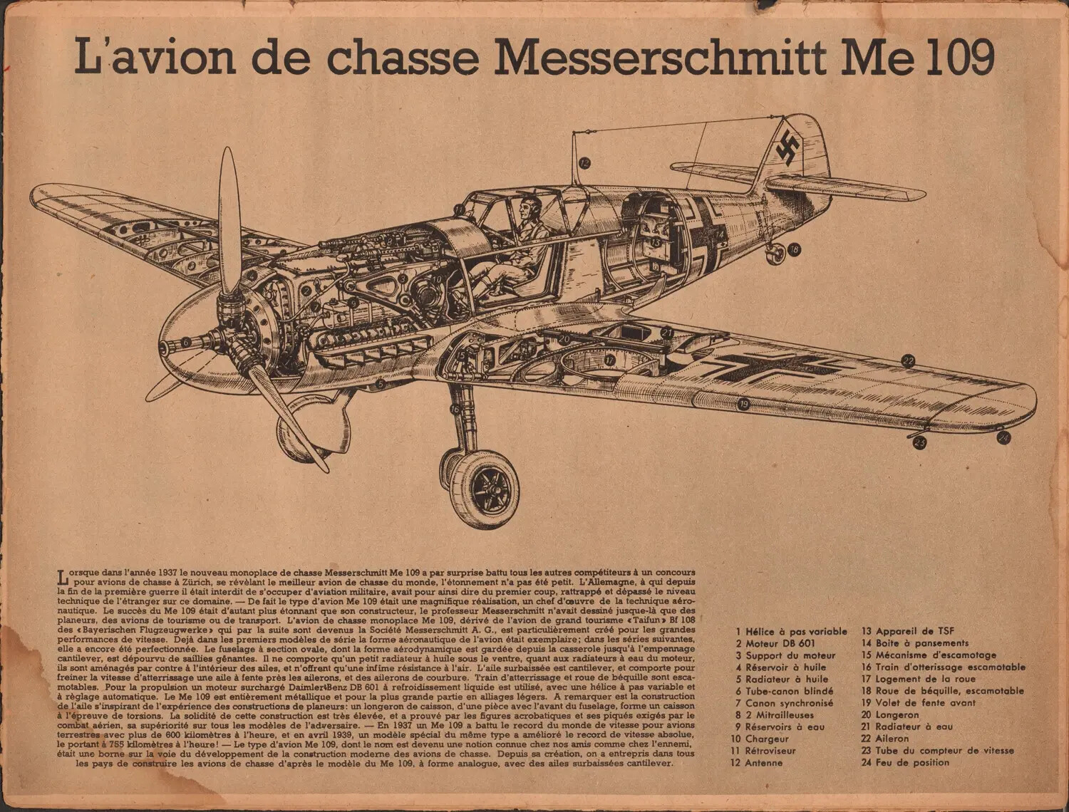 Der Adler (French-language edition) — Technical Cutaway Diagram of the Messerschmitt Bf 109 ("Me 109") Fighter