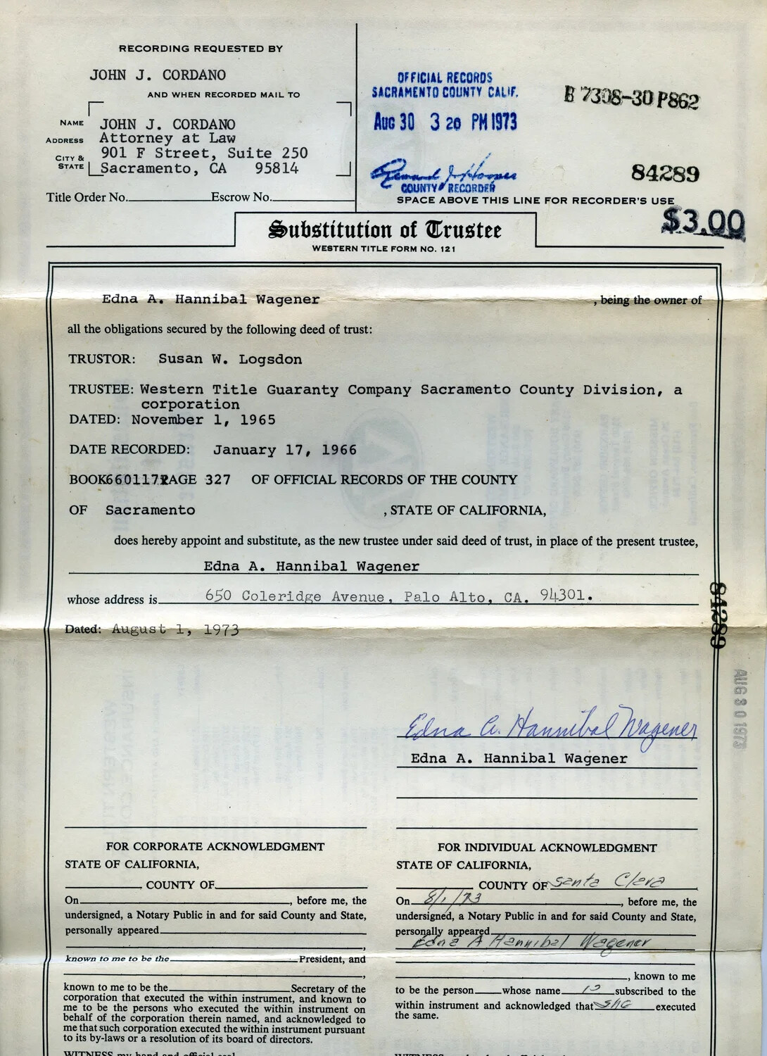 1973 Substitution of Trustee Legal Document, Edna A. Hannibal Wagener, Sacramento County, California