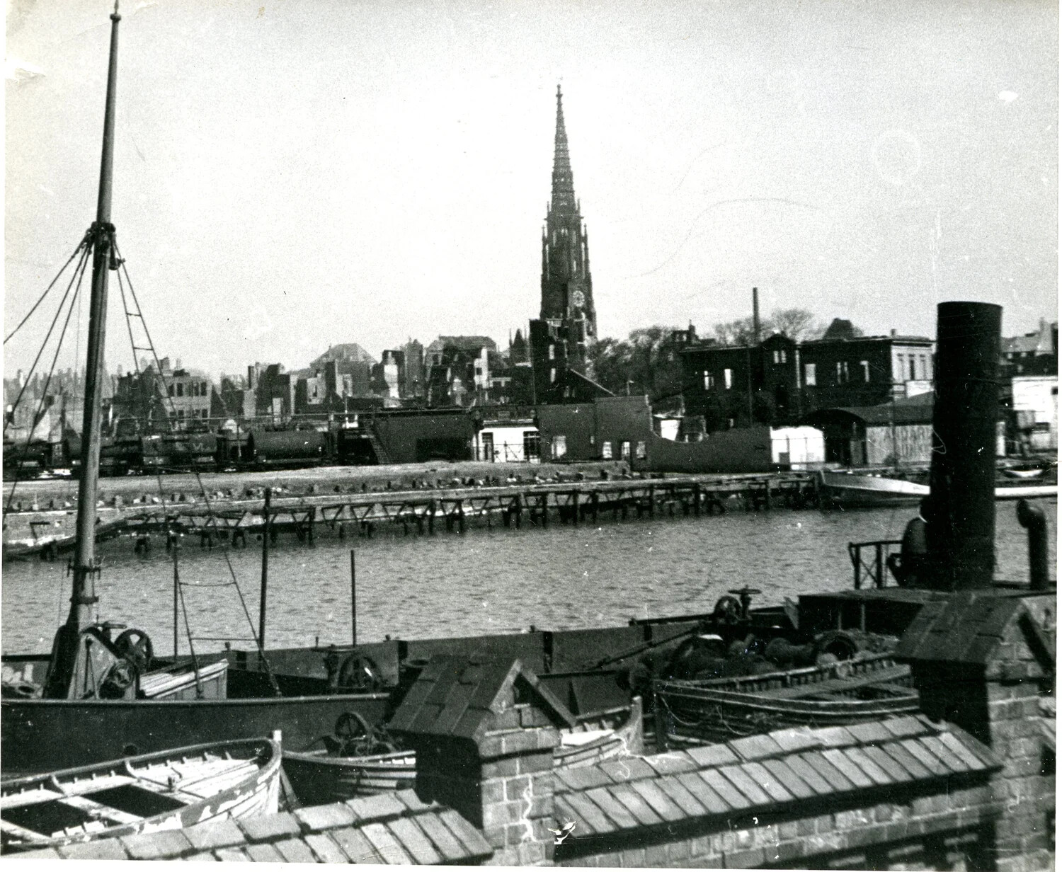 Harbor View with Damaged Waterfront Buildings and Church Spire, Bremen/Bremerhaven Area, WWII