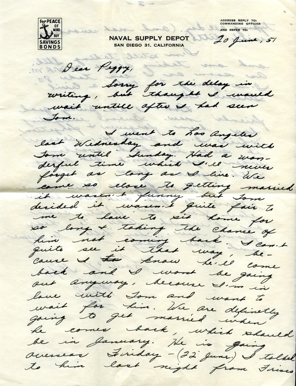 Handwritten Letter to 'Peggy' on Naval Supply Depot San Diego Letterhead, Dated 20 June 1951 (Lt. Bancroft Korean War Collection)