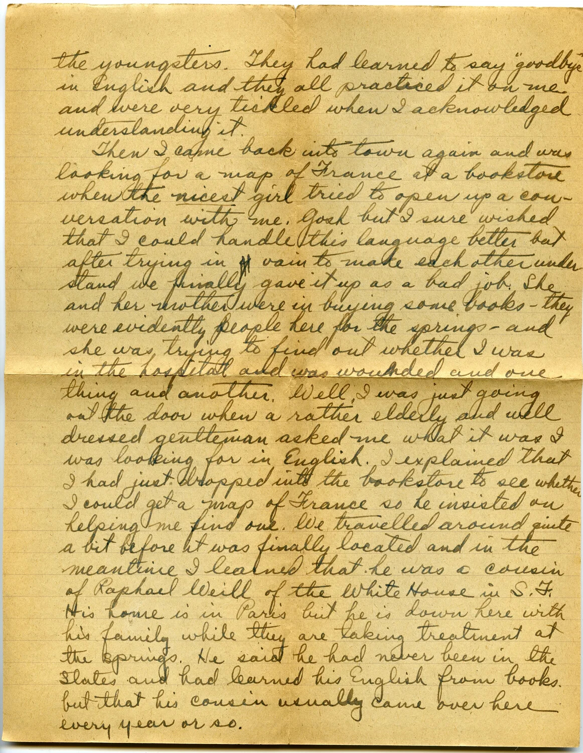 Handwritten WWI Letter from Pvt. Willis W. Wagener, Page Describing French Bookstore Encounter