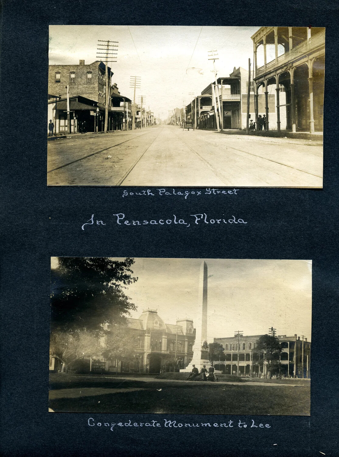 Album Page: 'South Palafox Street, Pensacola, Florida' and 'Confederate Monument to Lee', c. 1900-1910