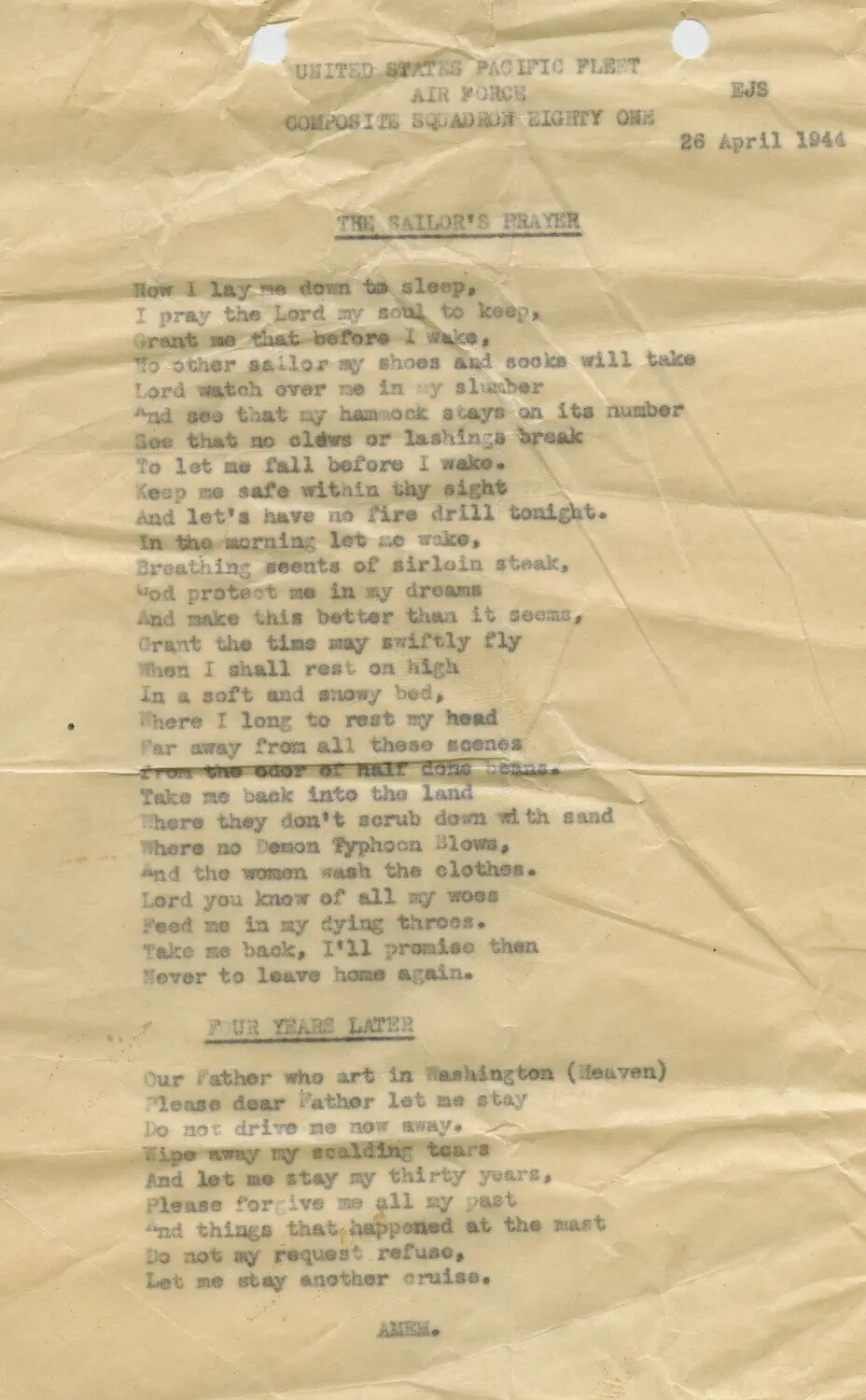 'The Sailor's Prayer' - Composite Squadron 81 (VC-81) Typewritten Humor Sheet, 26 April 1944