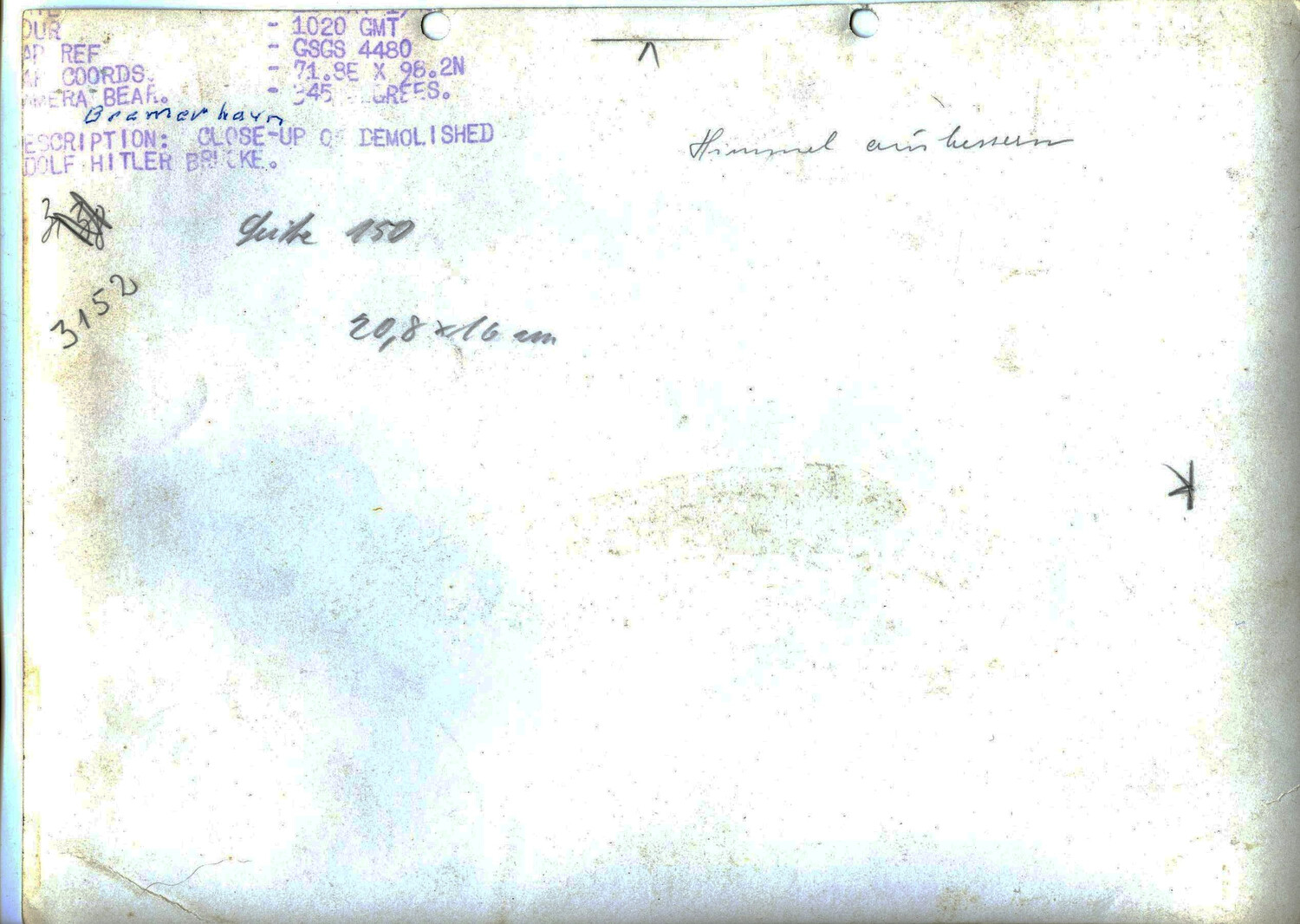 Verso/Reverse Side with Caption Stamp: 'Close-up of Demolished Adolf Hitler Brucke,' Bremerhaven, Germany, WWII