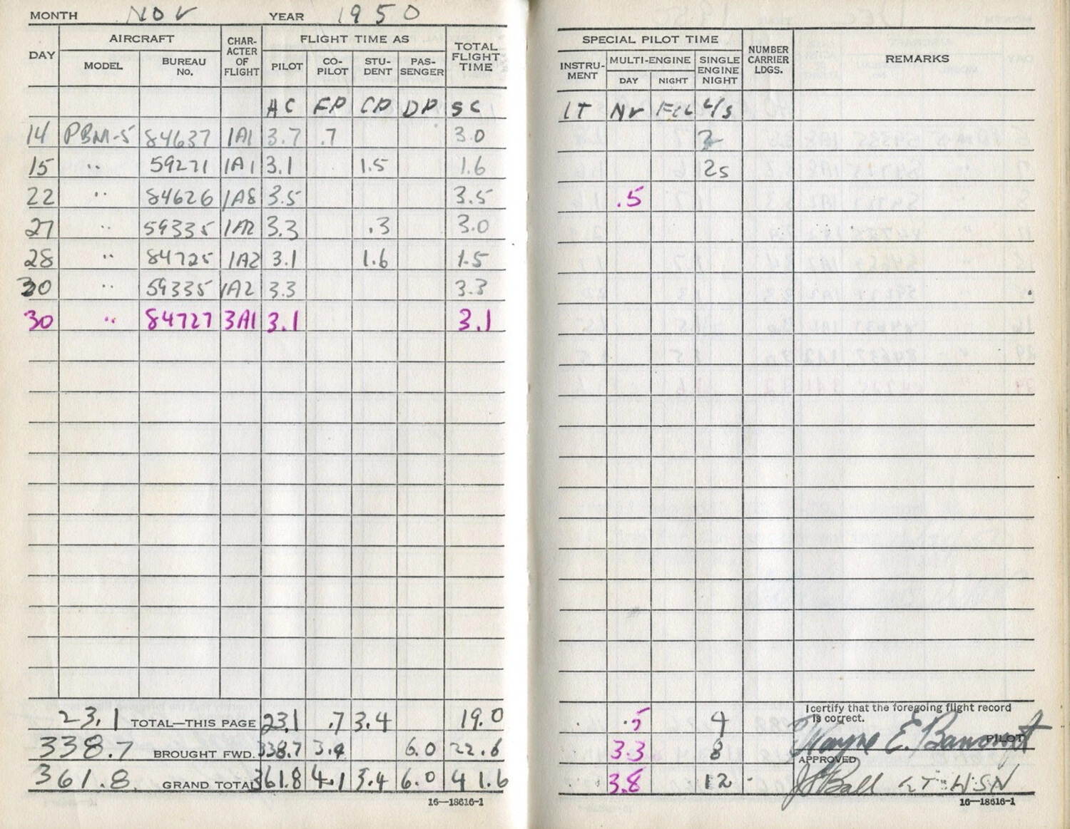 U.S. Navy Pilot's Flight Logbook, November 1950 — Lt. Wayne E. Bancroft, PBM-5 Mariner Squadron, Korean War Era