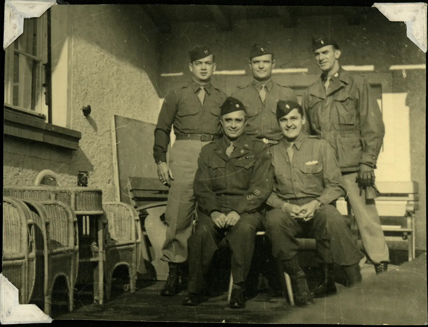 Group Portrait of Five U.S. Servicemen at a Billet or Rest Camp, WWII/Post-War Era