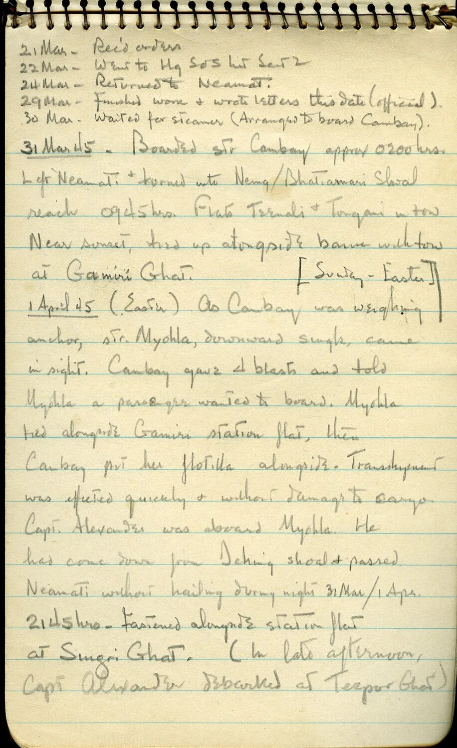Handwritten Diary/Log Page: River Steamer Movements, Inland Water Transport, Assam, India, March-April 1945