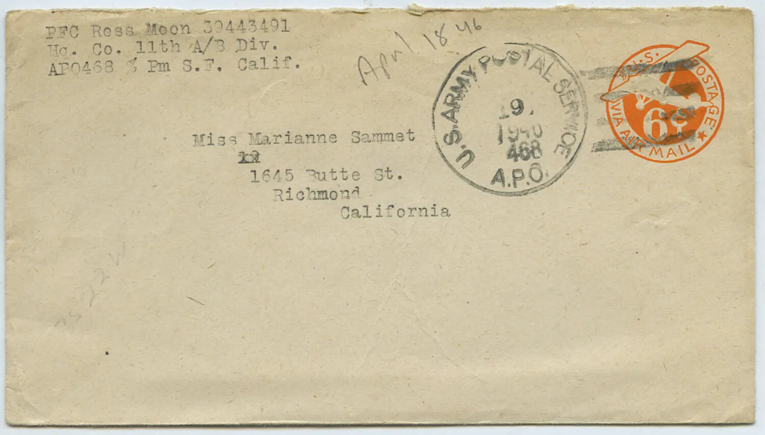 U.S. Army Air Mail Envelope — PFC Ross Moon, 11th Airborne Division, APO 468, April 1946