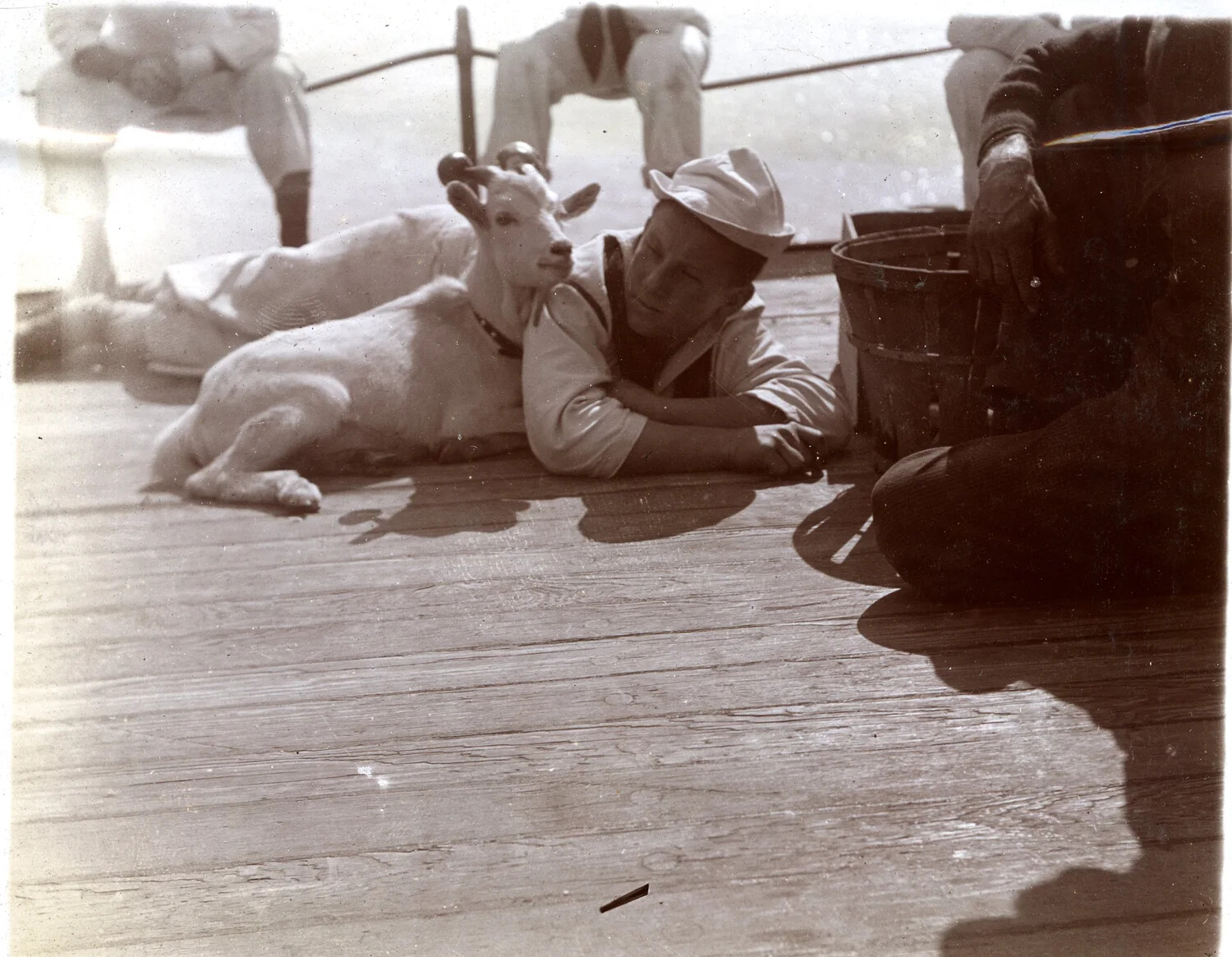 "Billy" Our Mascot — Sailor and Ship's Goat on Deck, USS Columbia