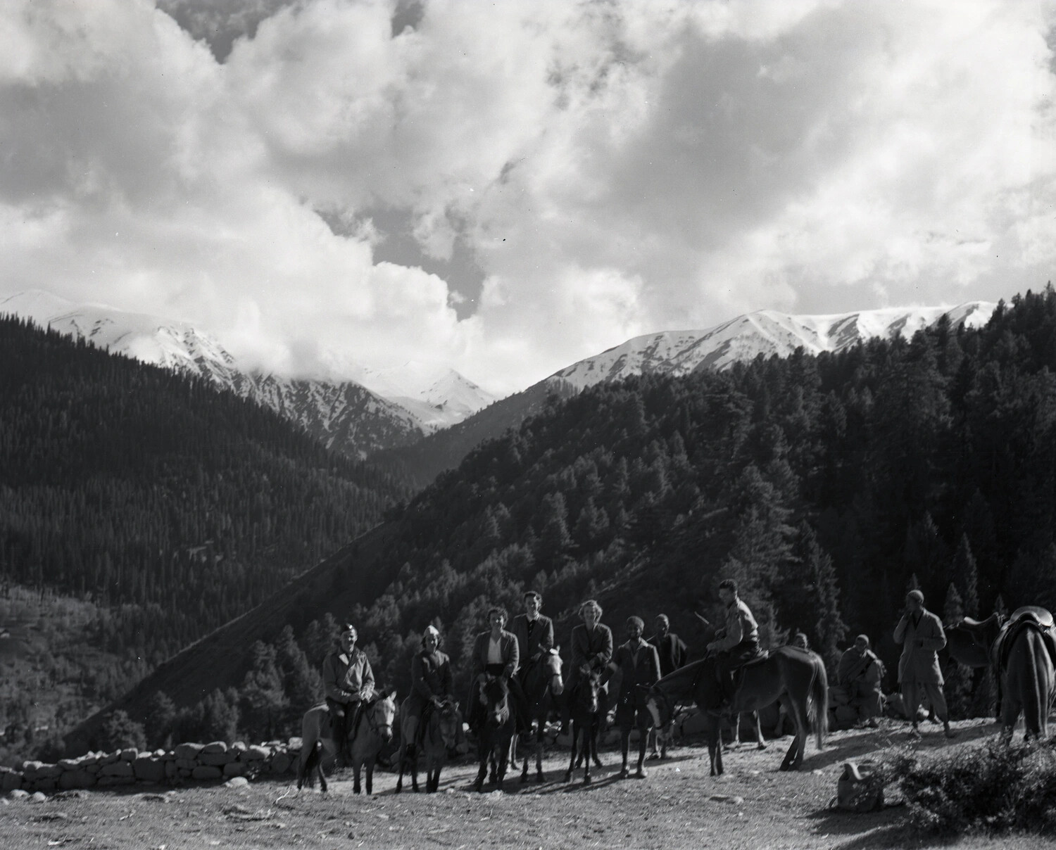 Western Travelers on Ponies with Local Guides, Kashmir Himalayas, Mid-20th Century