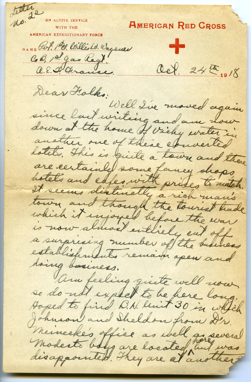 Letter No. 22 (Page 2) from Pvt. Willis W. Wagener, 1st Gas Regiment, A.E.F., to Family -- October 24, 1918