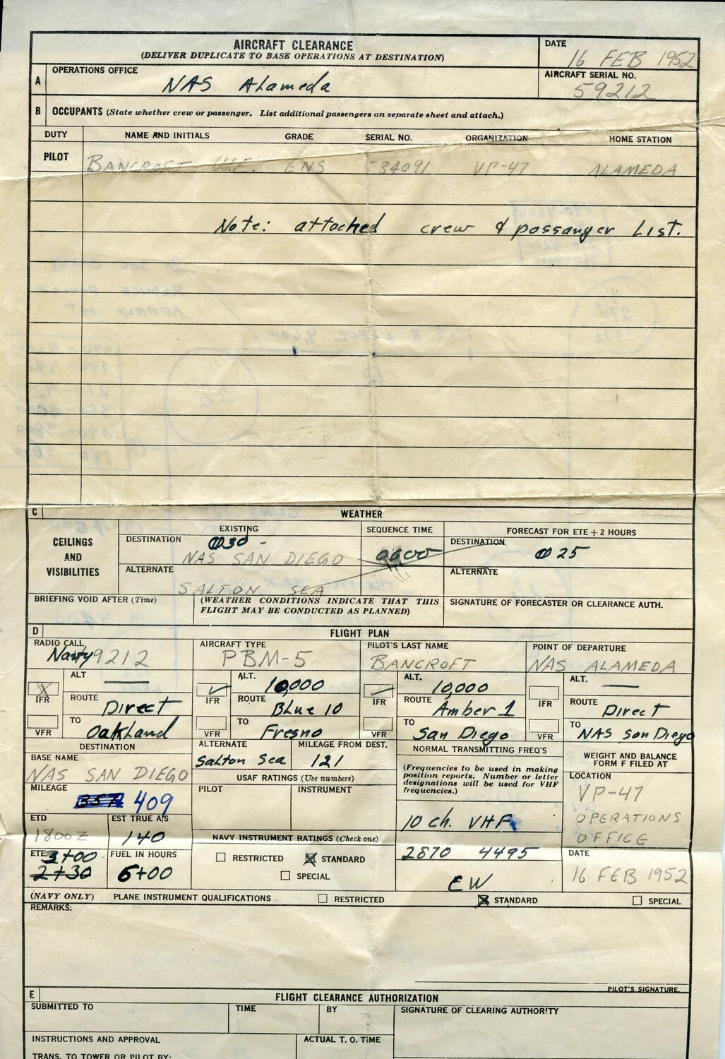 U.S. Navy Aircraft Clearance Form for PBM-5 Mariner, VP-47, 16 February 1952