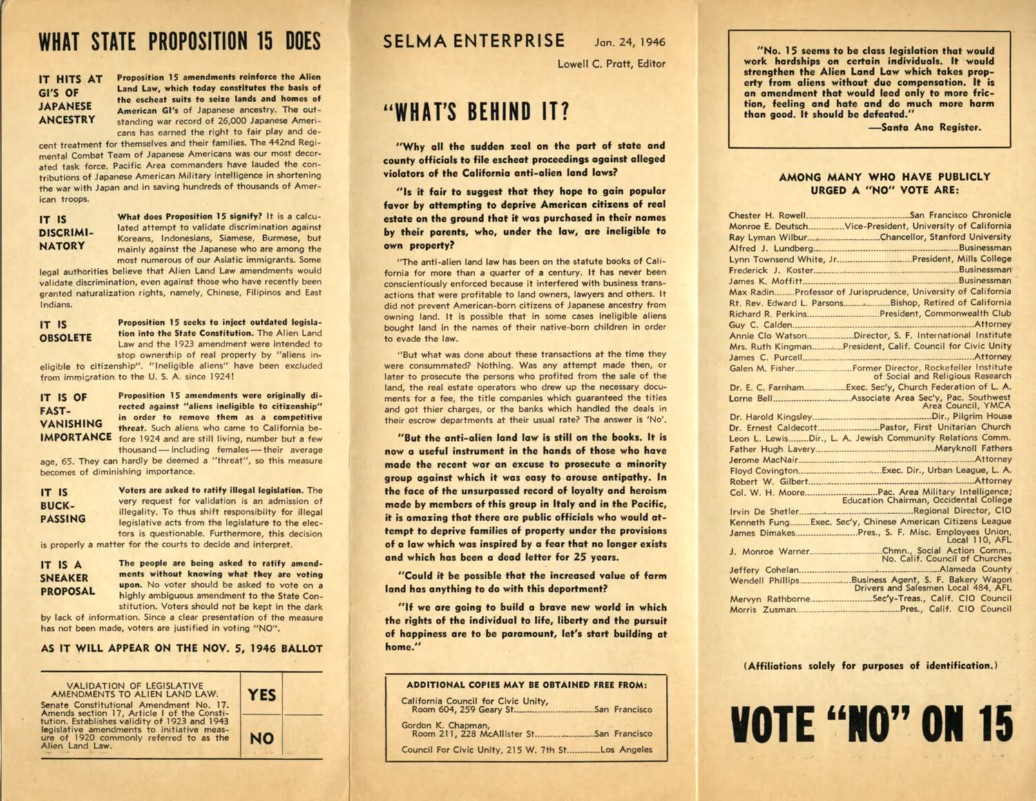 "What State Proposition 15 Does" — Interior Panel of 1946 Anti-Proposition 15 Campaign Mailer