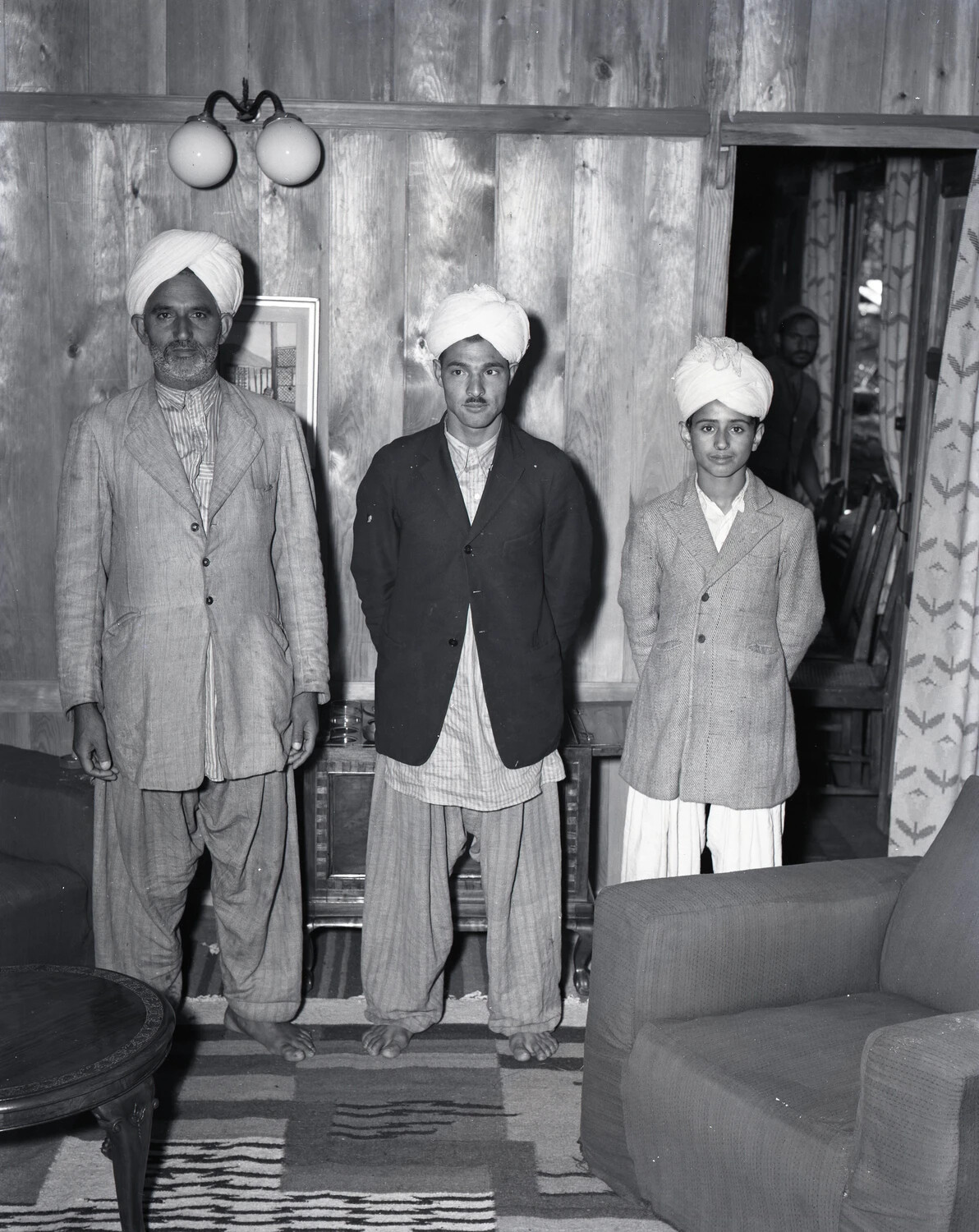 Three Generations of Kashmiri Men in Turbans, Interior Portrait, Kashmir, 1944-45