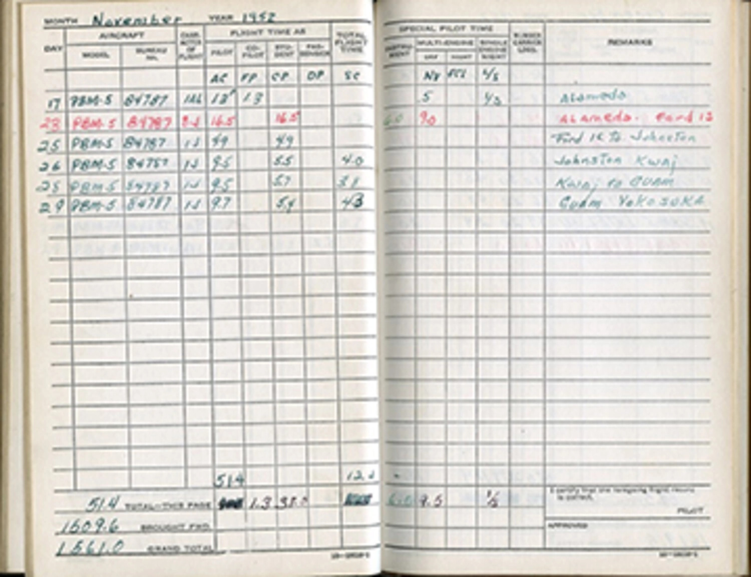 U.S. Navy Pilot Flight Logbook Pages, November 1952, PBM-5 Mariner - Lt. Bancroft Korean War Collection