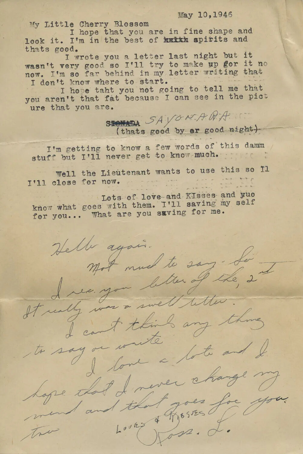 Personal Letter, 'My Little Cherry Blossom,' Dated May 10, 1946