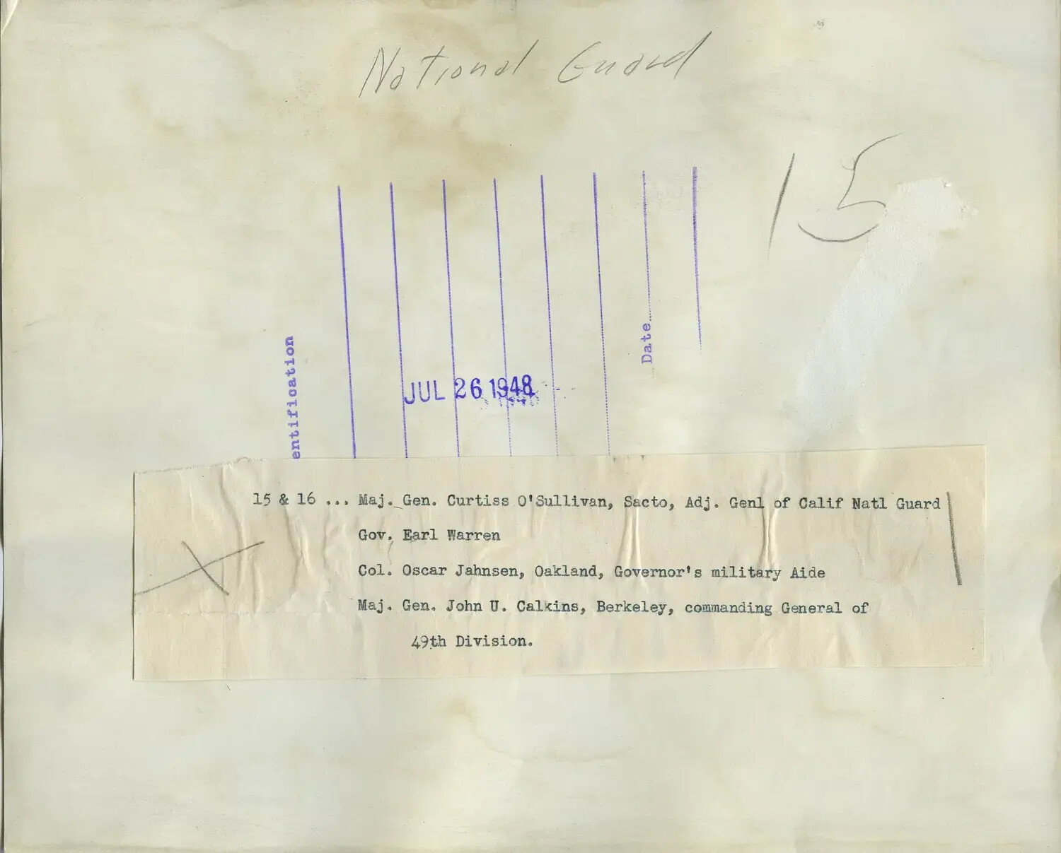 Verso/Caption Card for Earl Warren National Guard Photograph, July 1948