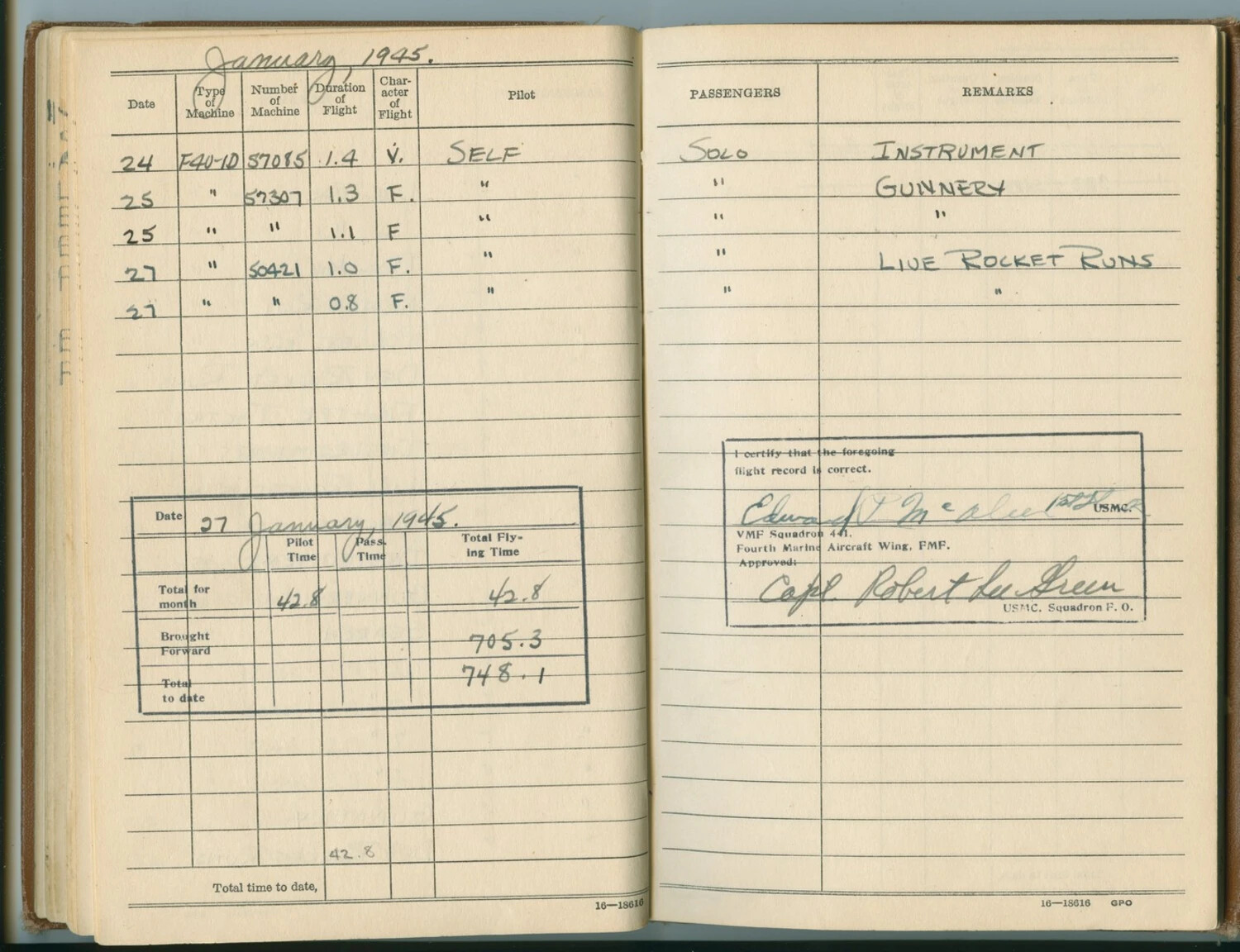 Flight Log Book Page, 1st Lt. Edward T. McAleer, USMC, VMF Squadron 441, January 1945