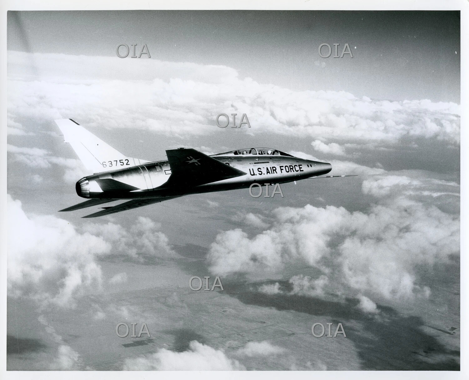 North American F-100 Super Sabre (Serial 63752), Two-Seat Variant, in Flight Above Clouds